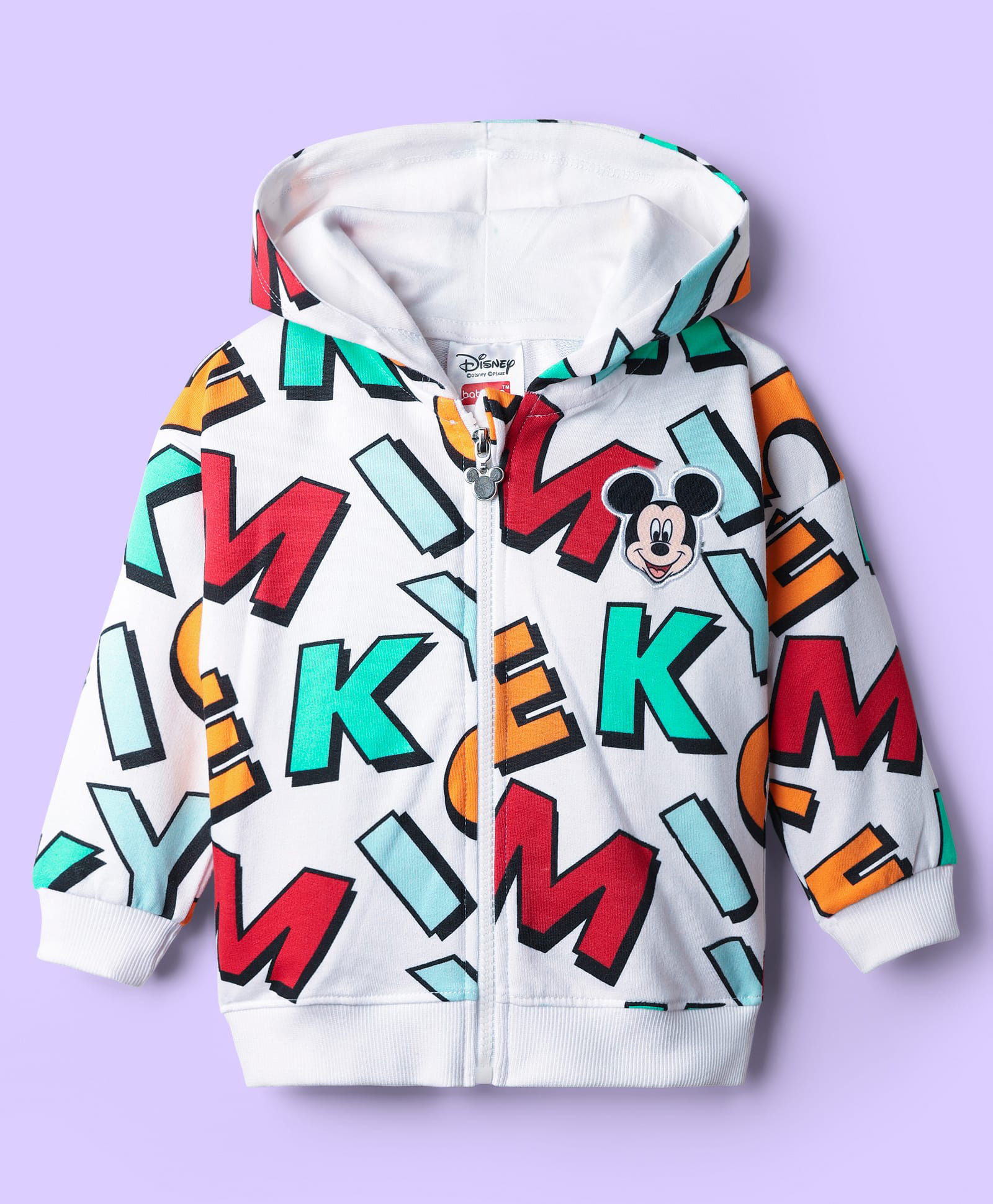 Babyhug Disney Terry Knit Oversize Drop Shoulder Full Sleeves Front Open Hooded Sweatjacket With Mickey Mouse Print - White