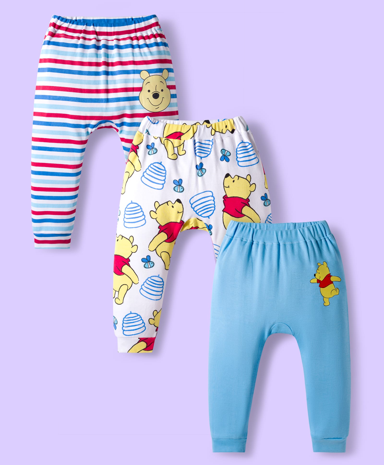 Babyhug Disney Interlock Knit Full Length Diaper Leggings with Winnie the Pooh Graphics & Stripes Pack of 3 - White & Light Blue-picture-21