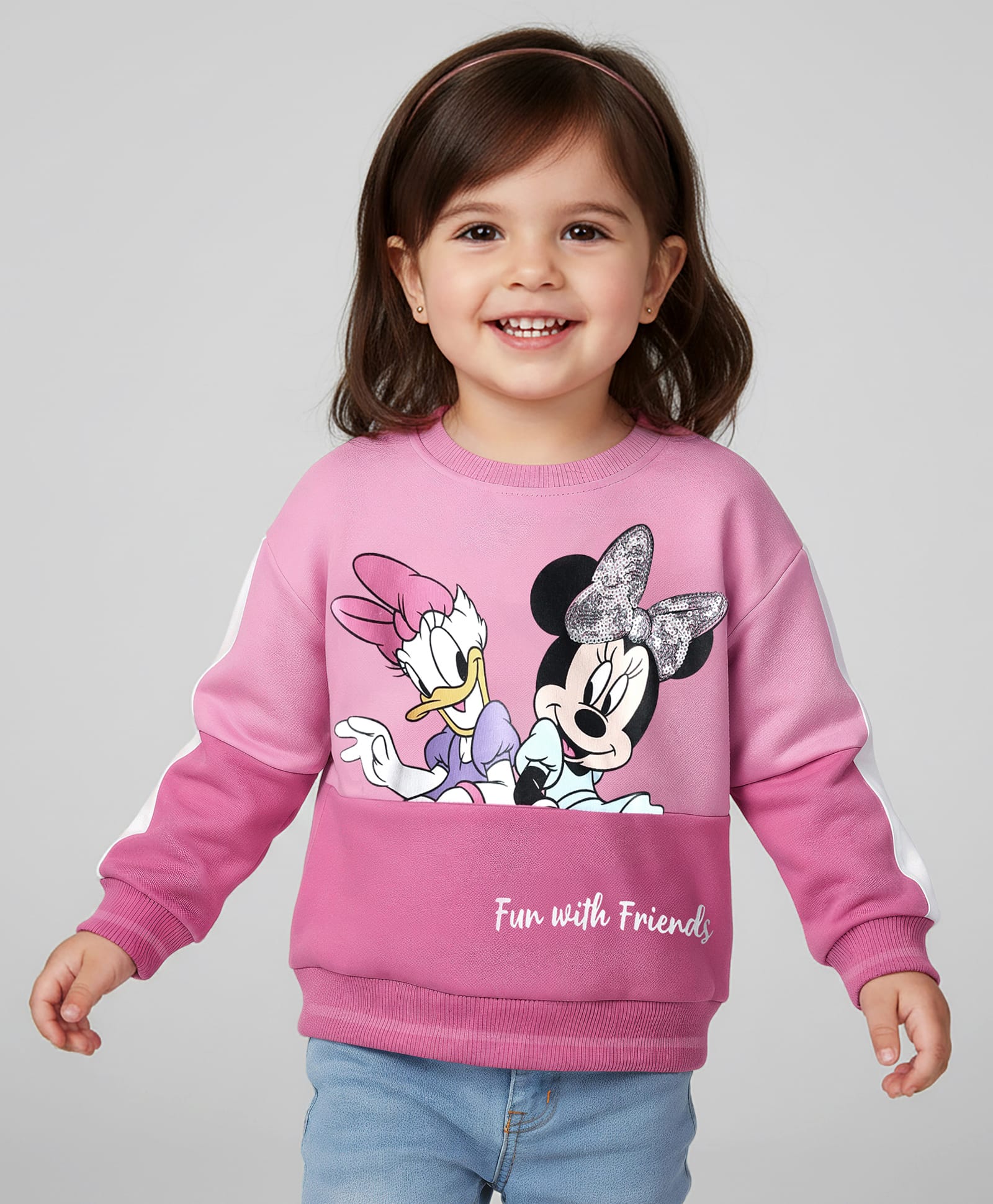 Babyhug Disney Terry Knit Full Sleeves Cut & Sew Sweatshirt With Minnie Mouse Graphics & Sequins Detailing - Pink-image-26