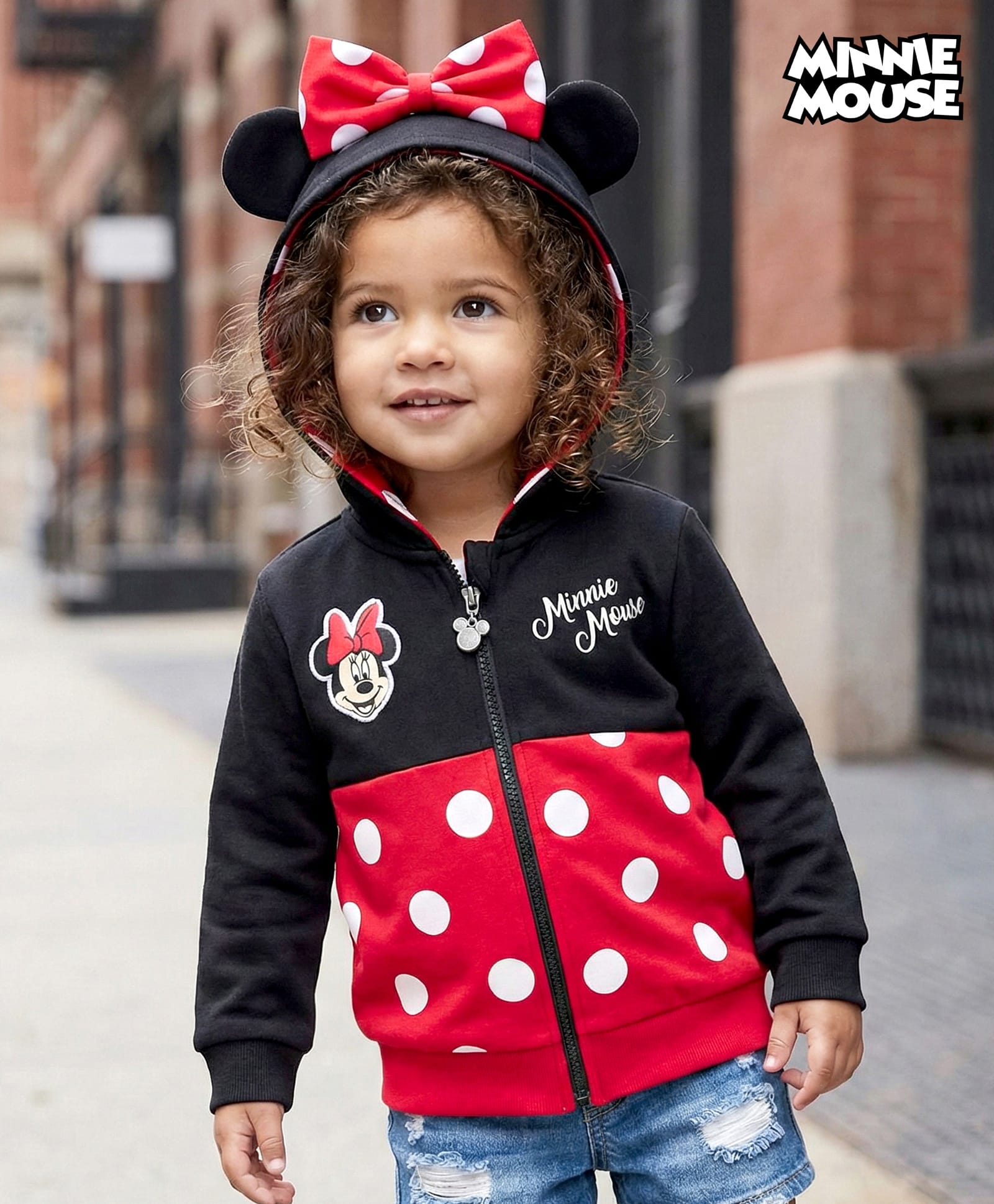 Babyhug Disney Terry Knit Full Sleeves Hooded Sweatjacket With Minnie Mouse Graphics & Bow Applique - Red & Black-picture-28