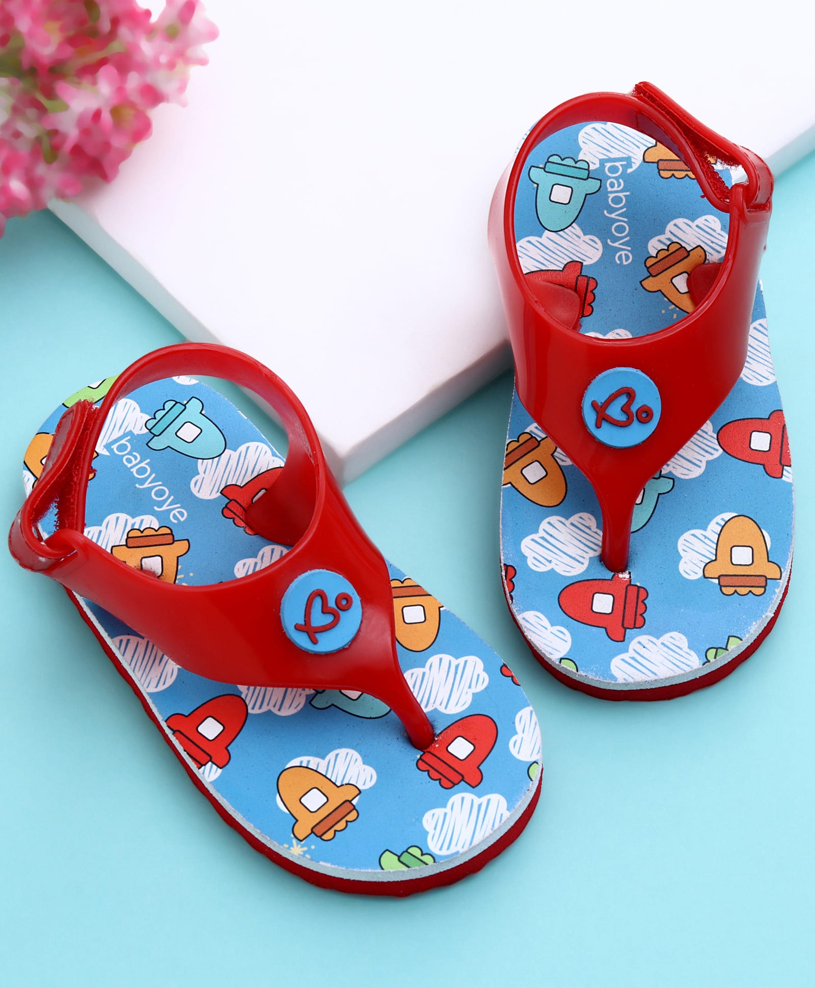 Babyoye Flip Flop With Velcro Closure & Rocket Print - Blue & Red