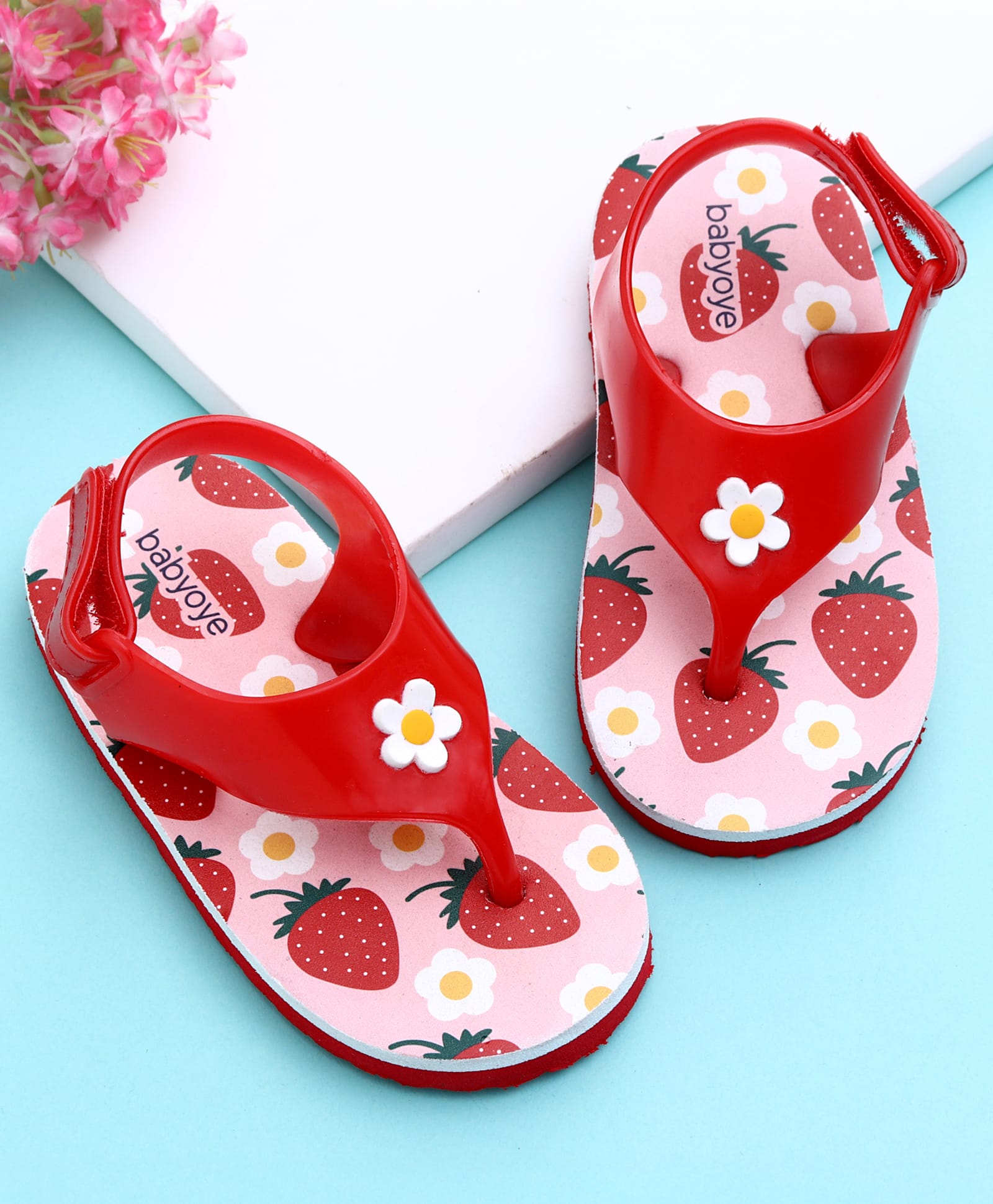 Babyoye Flip Flop With Velcro Closure & Strawberry Print & Floral Applique - Red