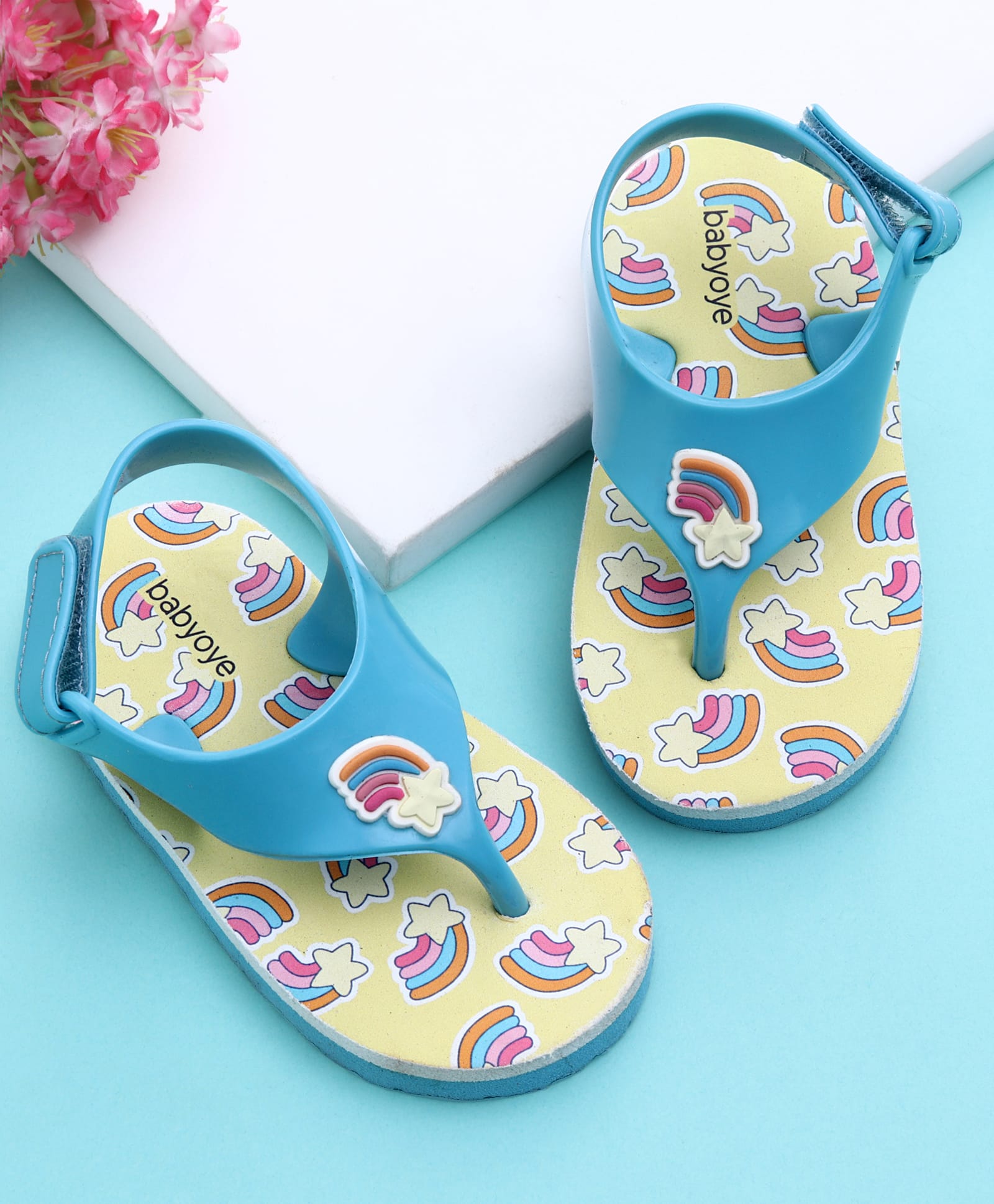 Babyoye Flip Flops with Velcro Closure & Rainbow Print - Yellow & Blue