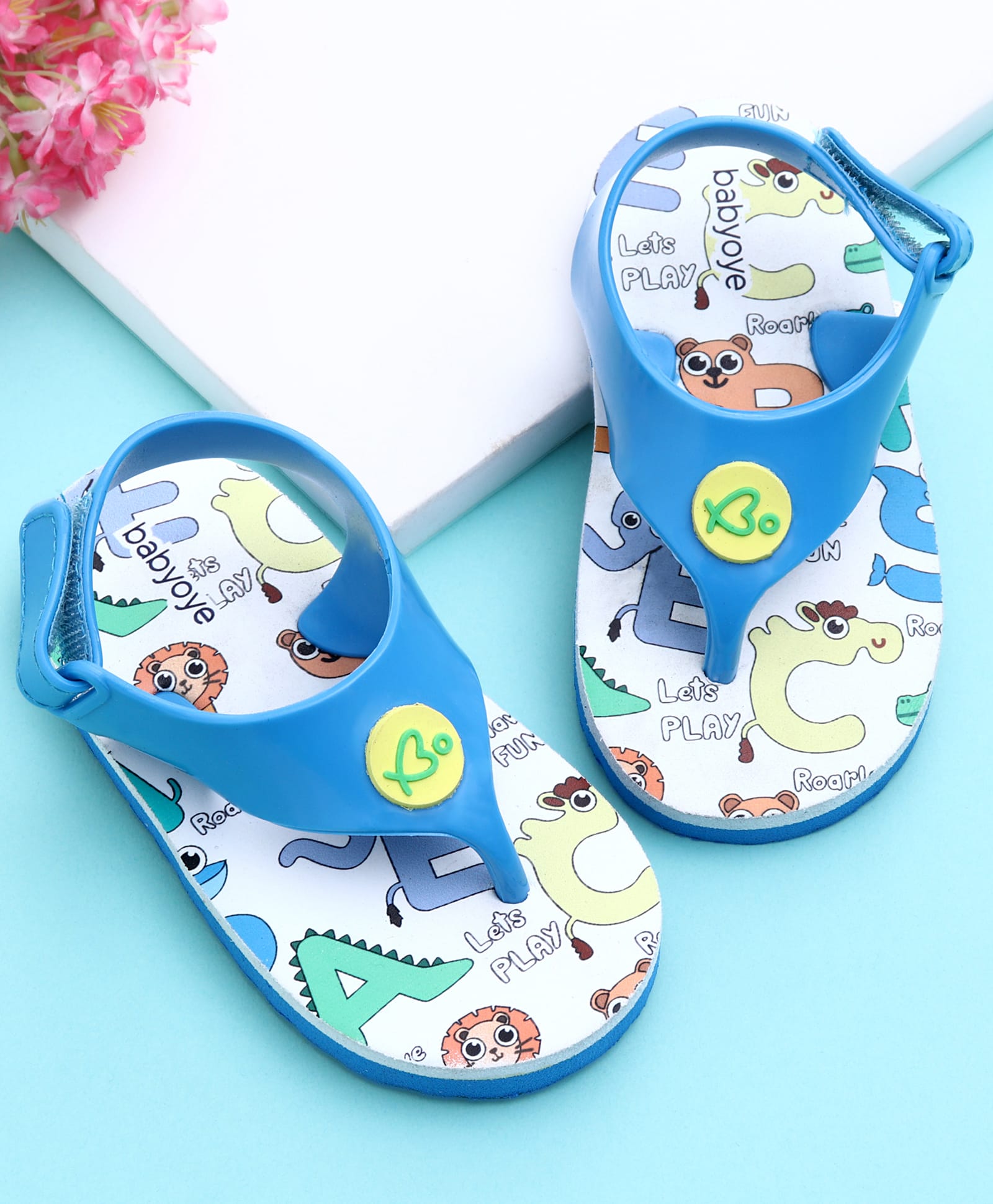 Babyoye Flip Flop with Animal Print & Velcro Closure - Blue-image-39