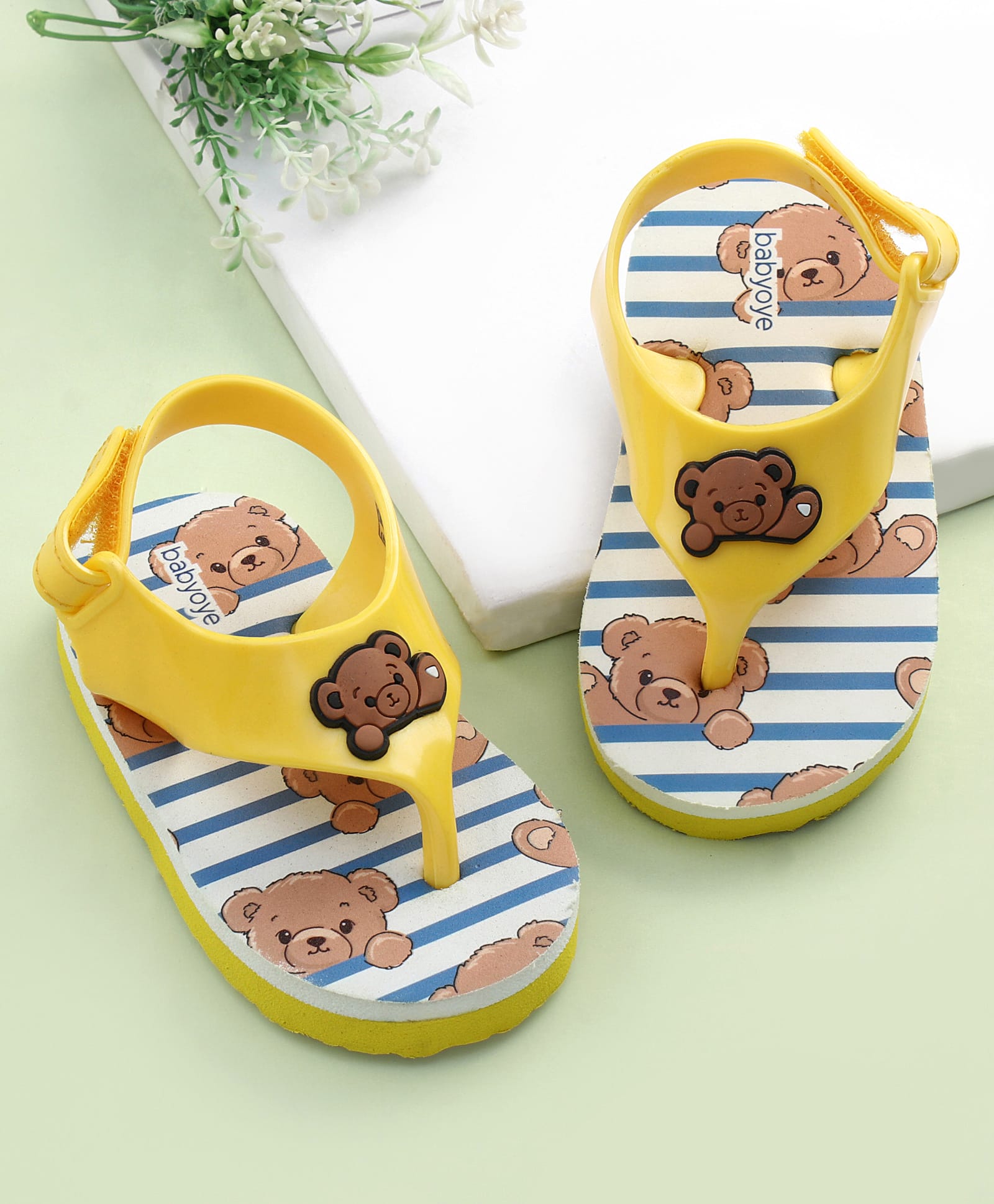 Babyoye Velcro Closure Flip Flops With Teddy Bear Print & Applique - Yellow