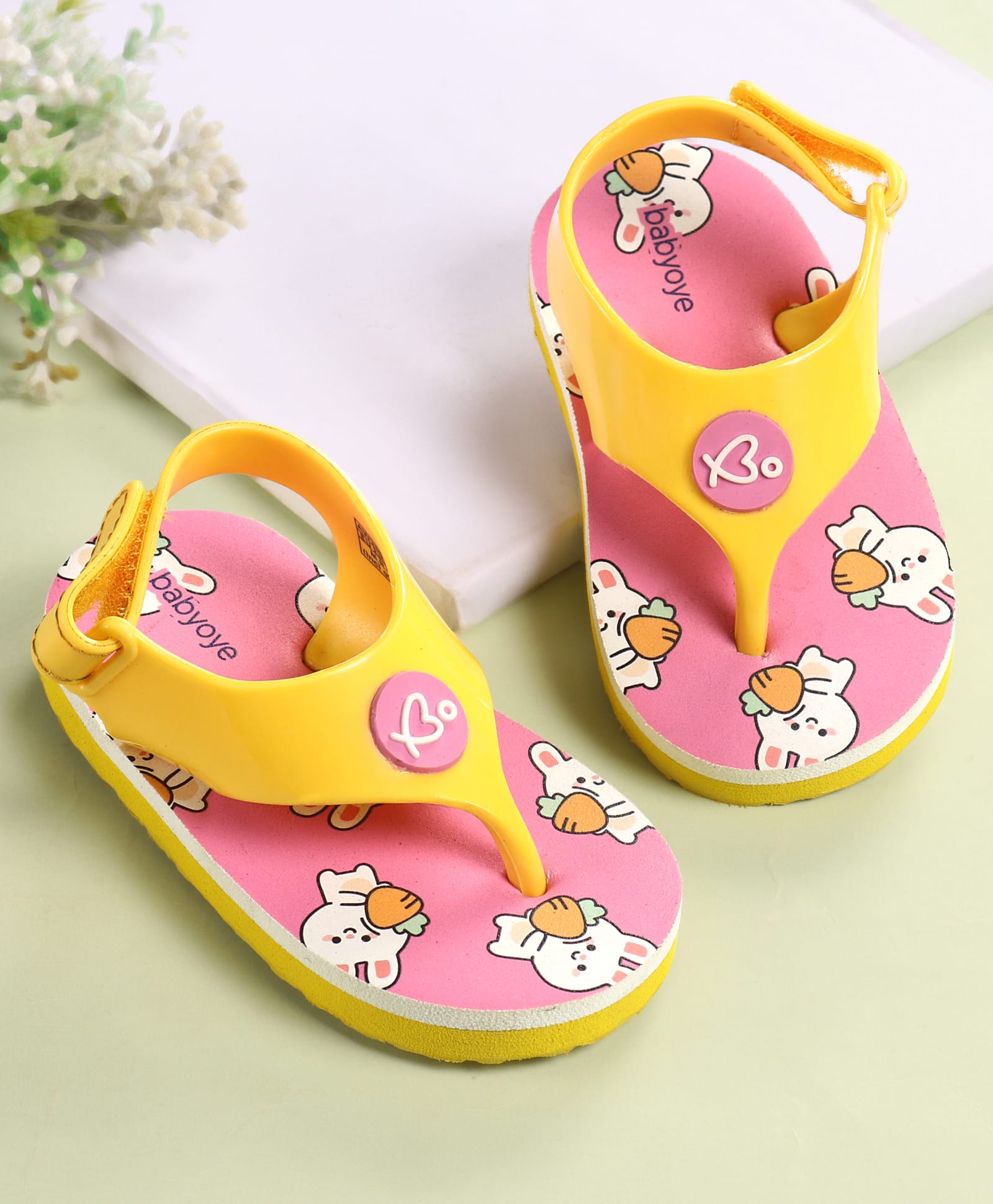 Babyoye Flip Flops With Bunny Print - Pink & Yellow