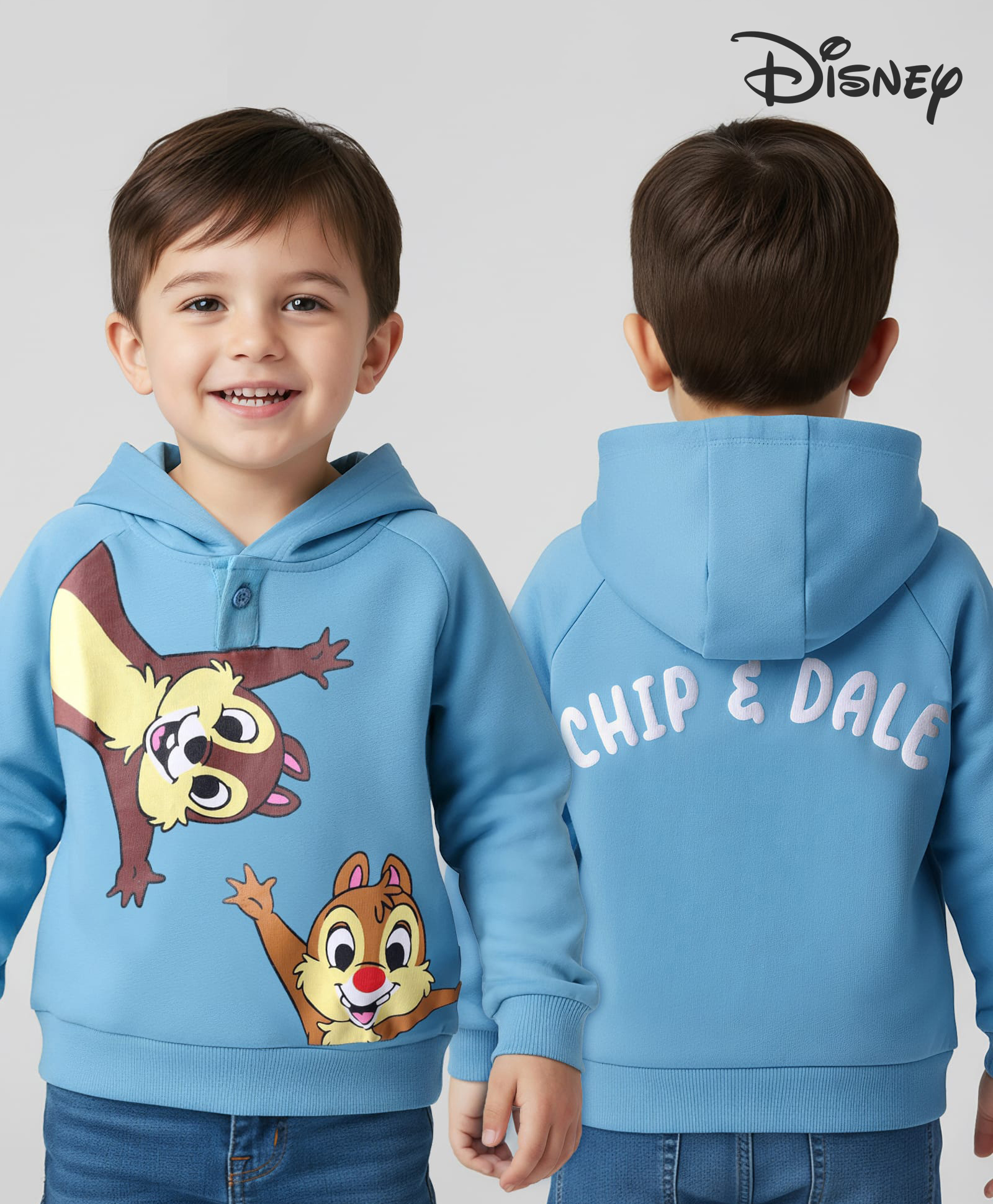 Babyhug Disney Terry Knit Full Raglan Sleeves Hooded Sweatshirt With Chip N Dale Graphics - Light Blue-image-45