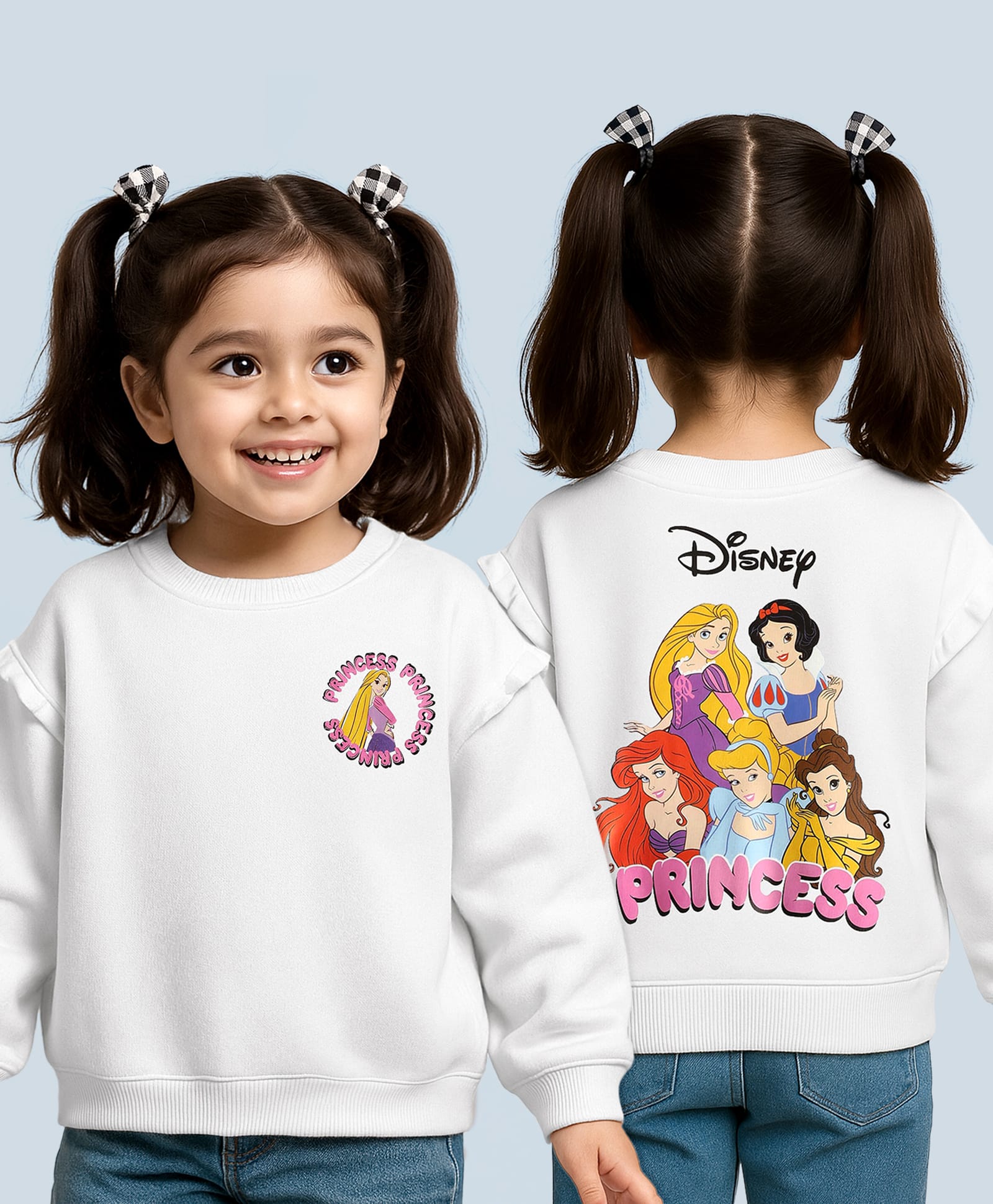 Babyhug Disney 100% Cotton Oversize Drop Shoulder Full Sleeves Sweatshirt With Front & Back Disney Princess Graphics & Frill Detailing - White-image-30