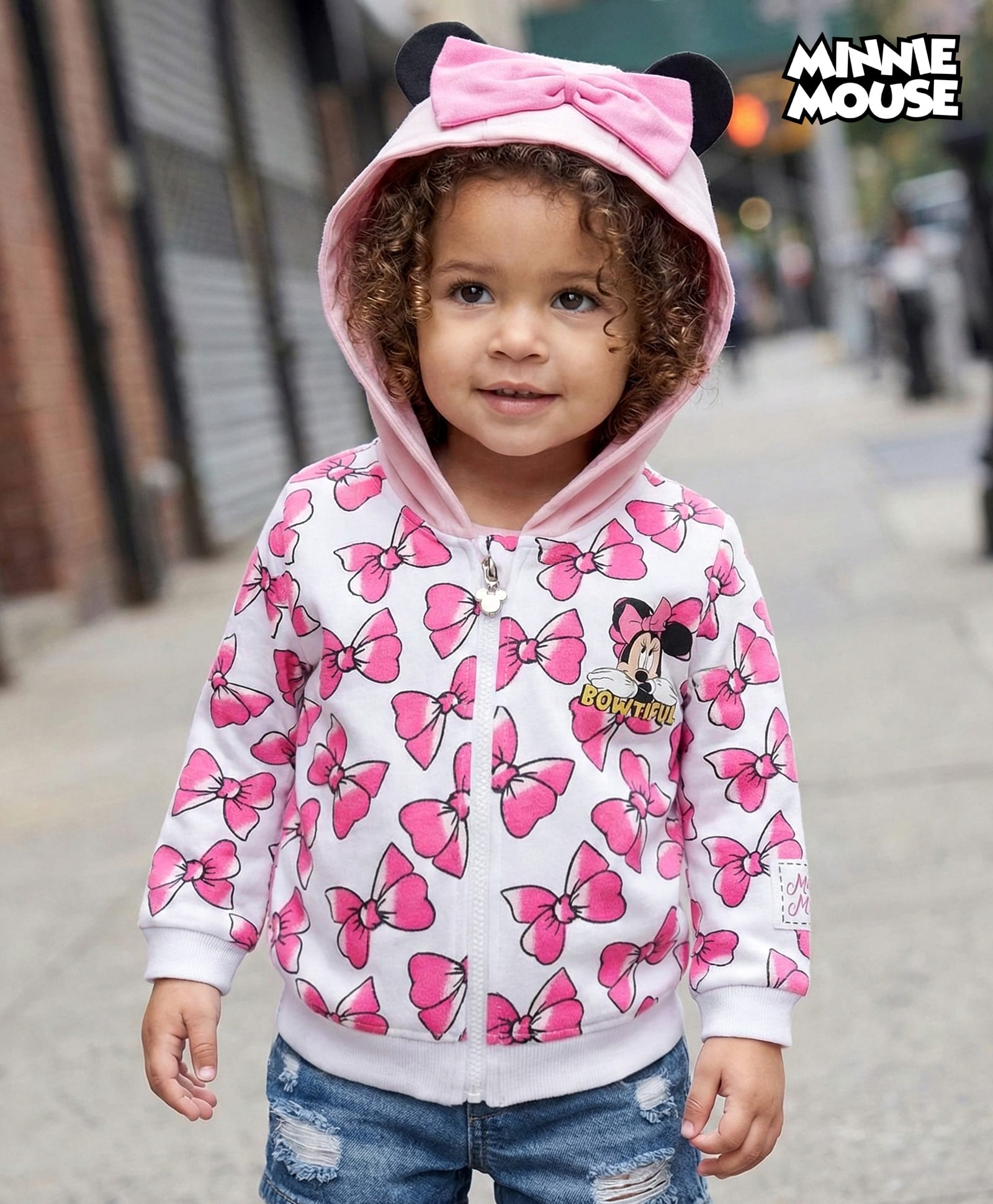 Babyhug Disney Drop Shoulder Full Sleeves Hooded Sweatjacket With Bow Applique & Minnie Mouse Print - Pink-image-17