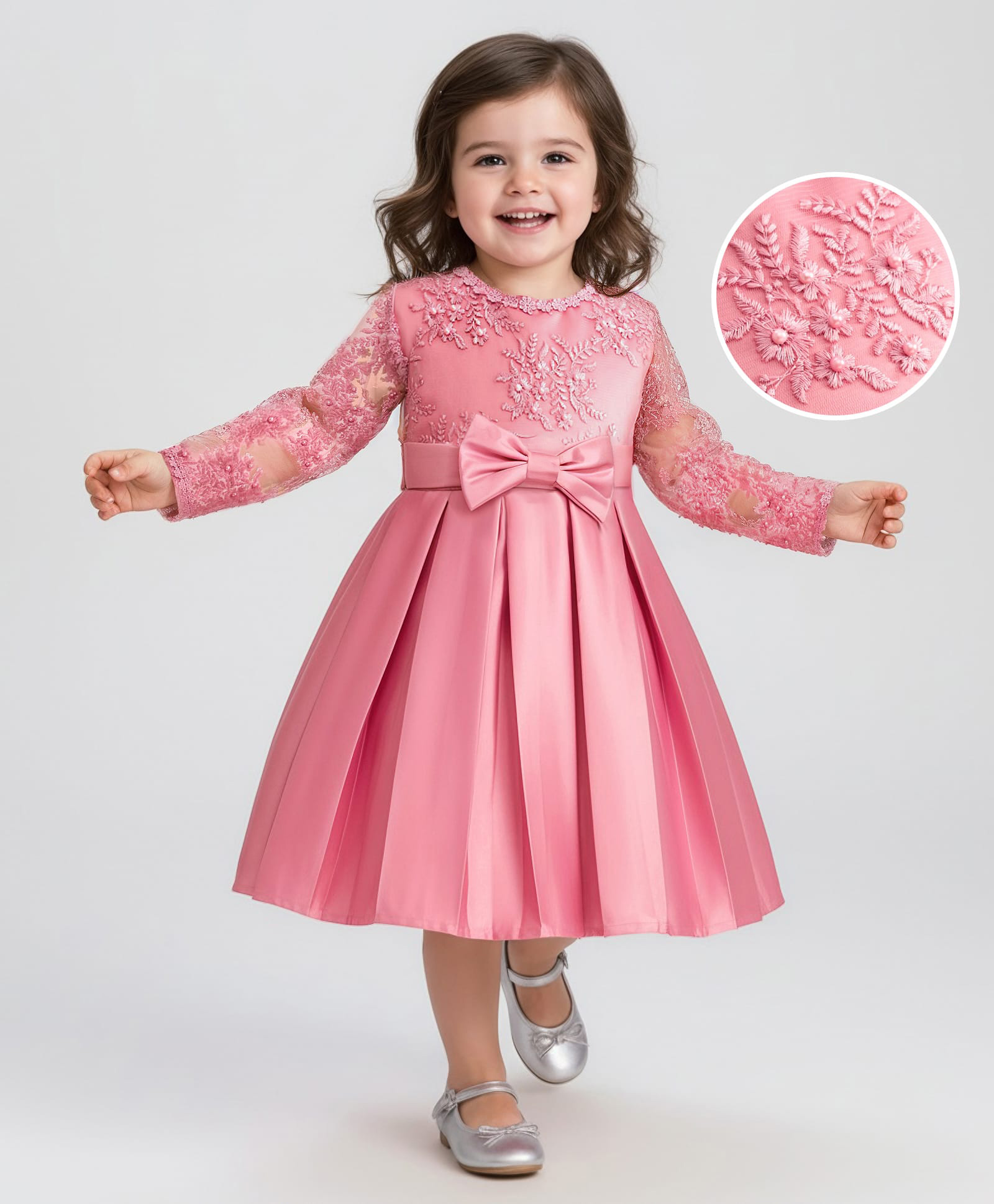 Mark & Mia Woven Three Fourth Sleeves Party Dress with Bow Applique & Floral Embroidery - Pink-image-40