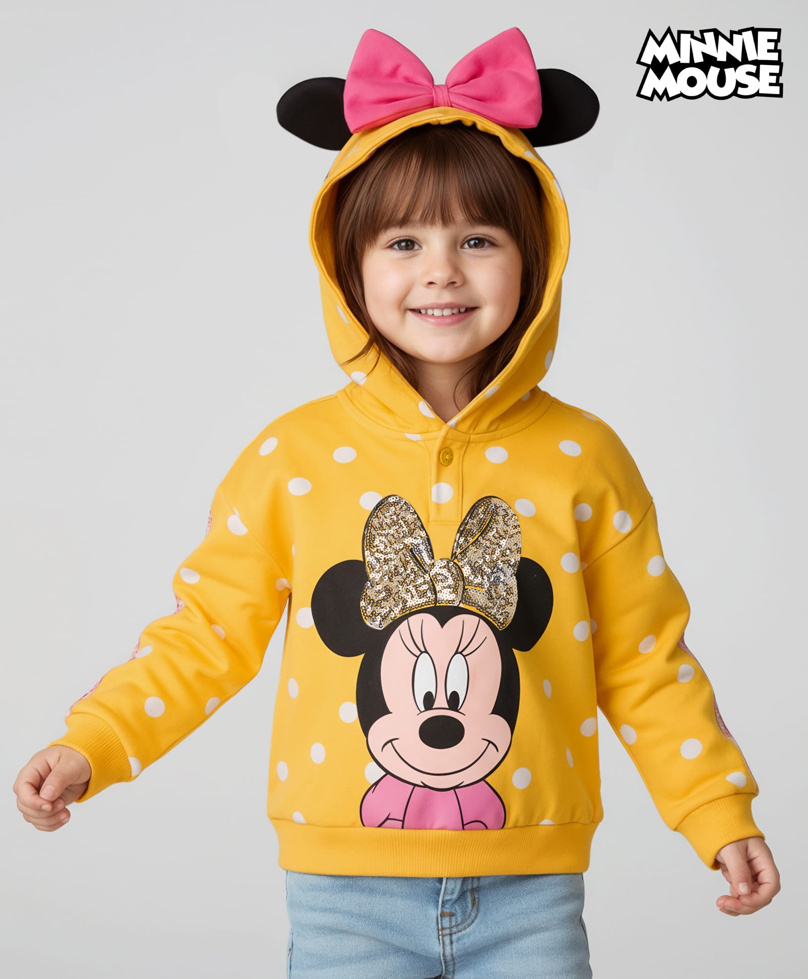 Babyhug Disney Terry Knit Full Sleeves Hooded Sweatshirt With Minnie Mouse Graphics & Bow Applique - Yellow-image-24
