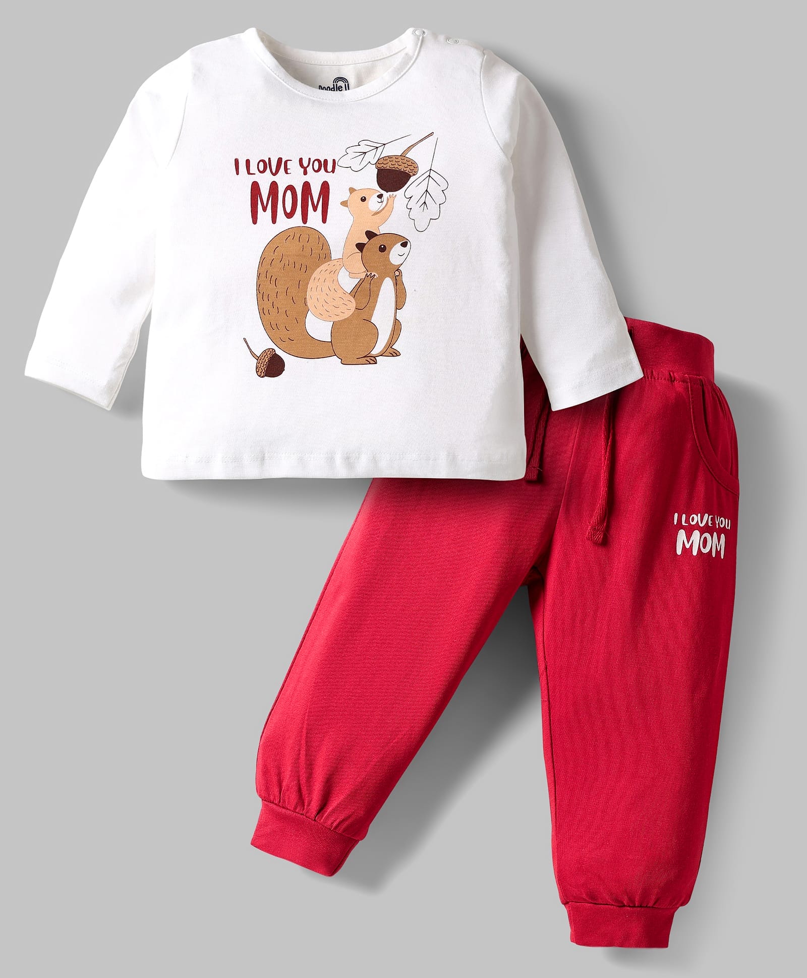 Doodle Poodle 100% Cotton Single Jersey Knit Full Sleeves T-Shirt & Jogger Set with Squirrel Print - White & Red-picture-14