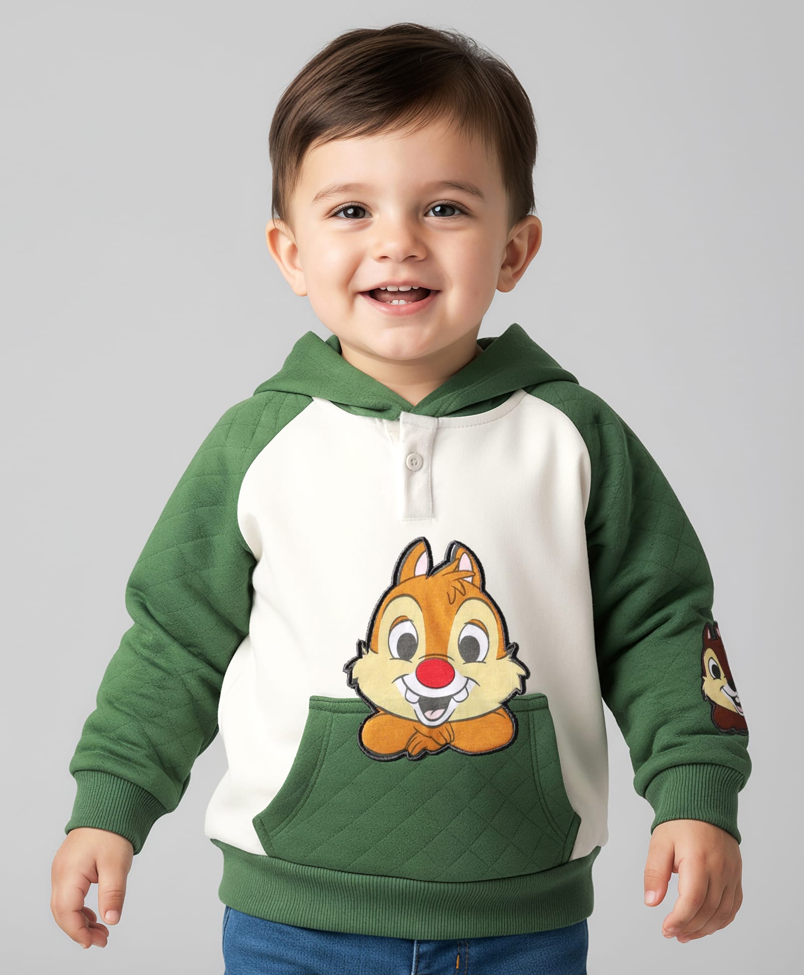 Babyhug Disney Terry Knit Full Raglan Sleeves Hooded Sweatshirt with Chip n Dale Patch Detailing & Kangaroo Pocket - Green & White-picture-27