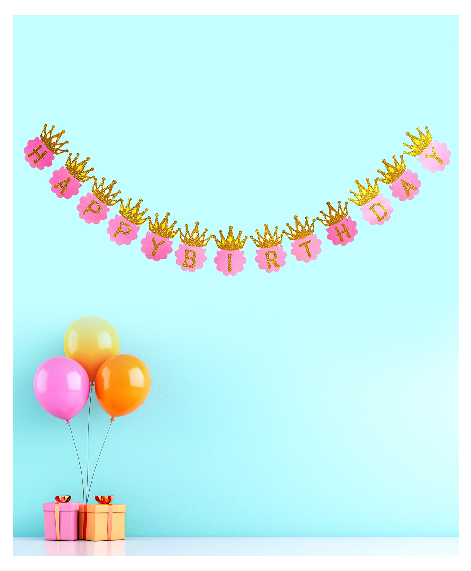 Funcart Glitter Gold Happy Birthday Crown Banner - Pink-picture-33