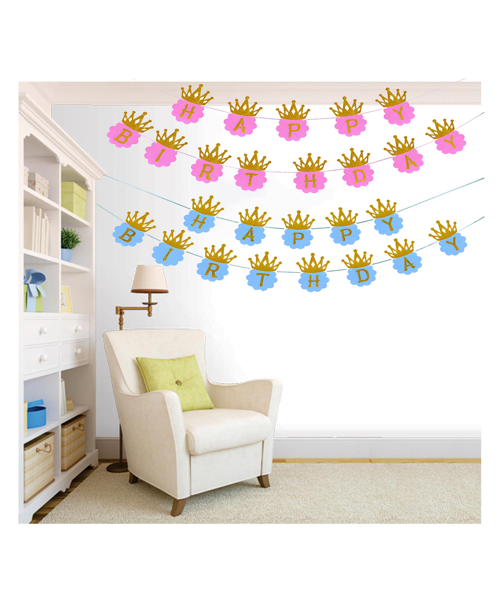 Funcart Happy Birthday Crown Glitter Banner Golden Blue and Pink - pack of 2-picture-29