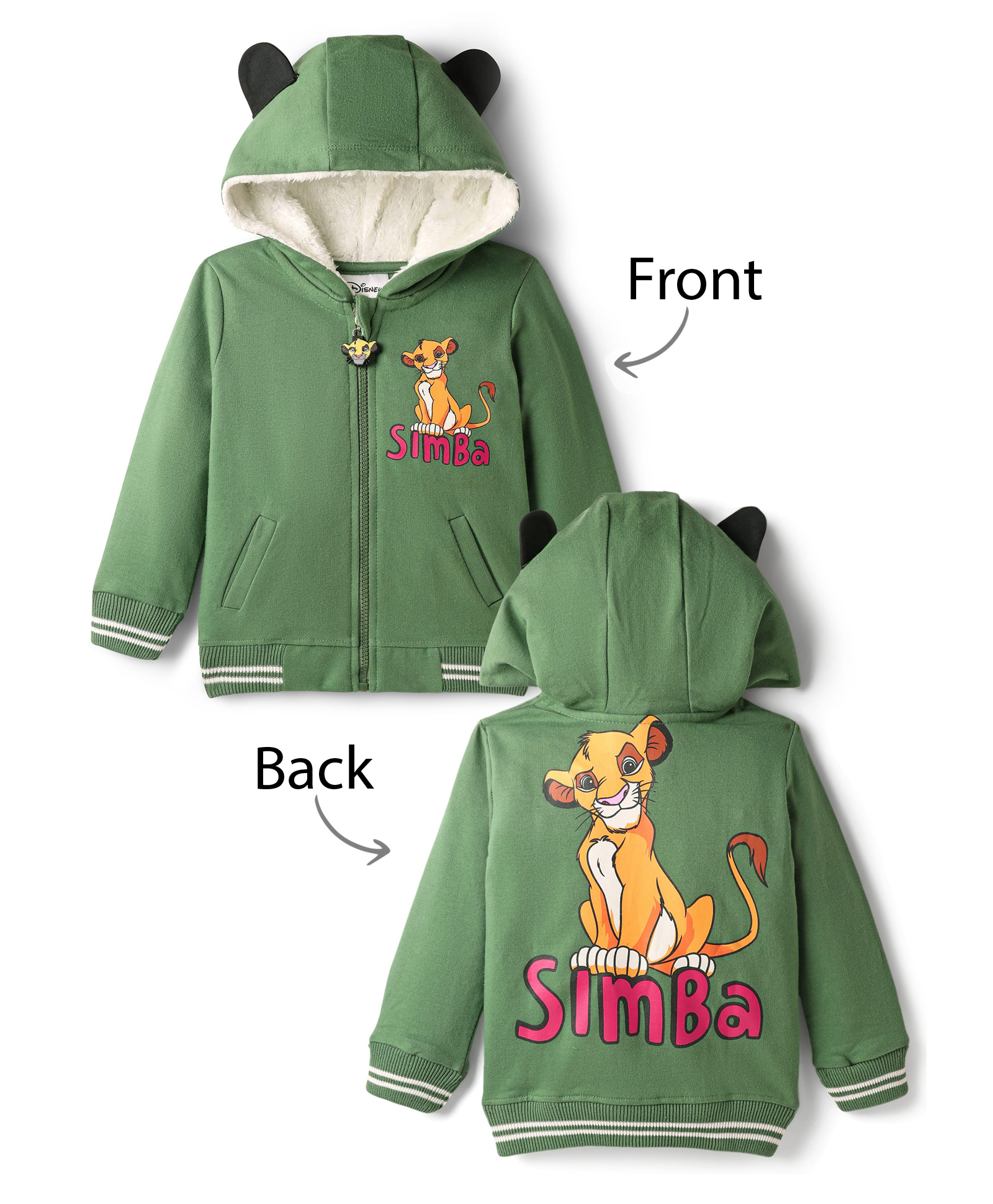 Babyhug Disney Terry Knit Full Sleeves Hooded Sweatjacket with Lion King Graphics & 3D Ear Applique - Green-image-31