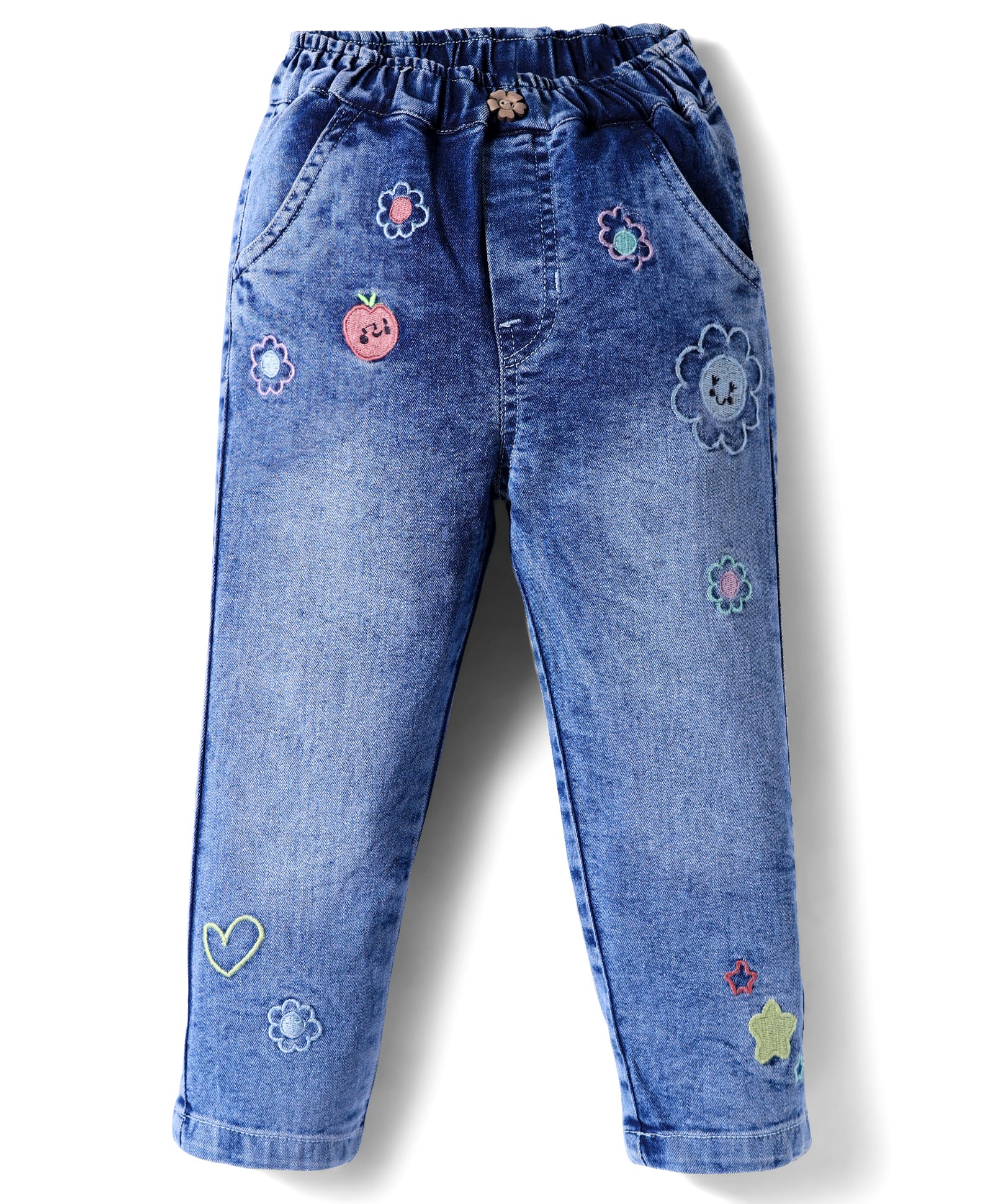 Olio Kids Denim Woven Full Length Jeans With Floral Embroidery - Light Blue-picture-25