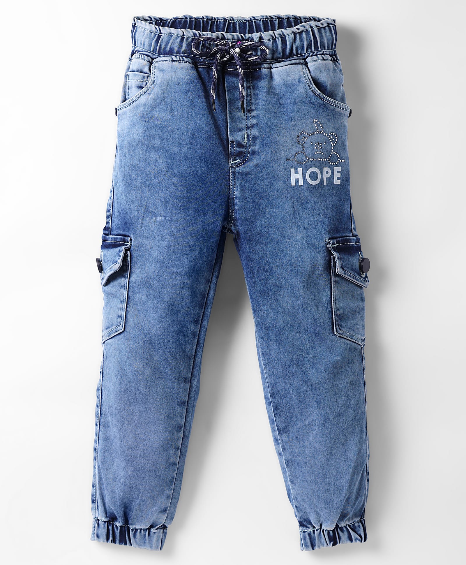 Olio Kids Denim Woven Full Length Solid Colour Jeans With Cargo Pockets - Light Blue-picture-34