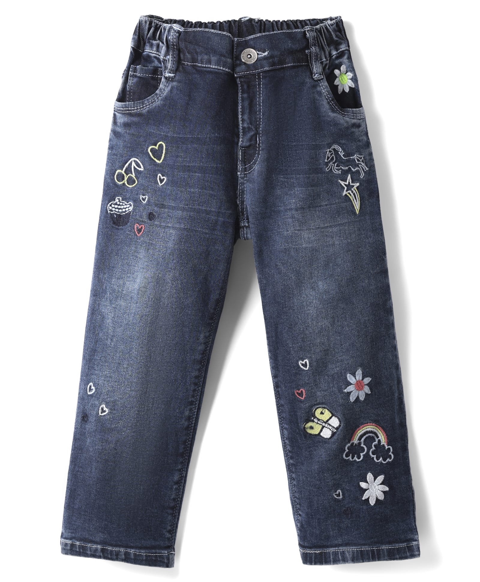 Olio Kids Denim Full Length Jeans With Floral Embriodery - Navy Blue-picture-10
