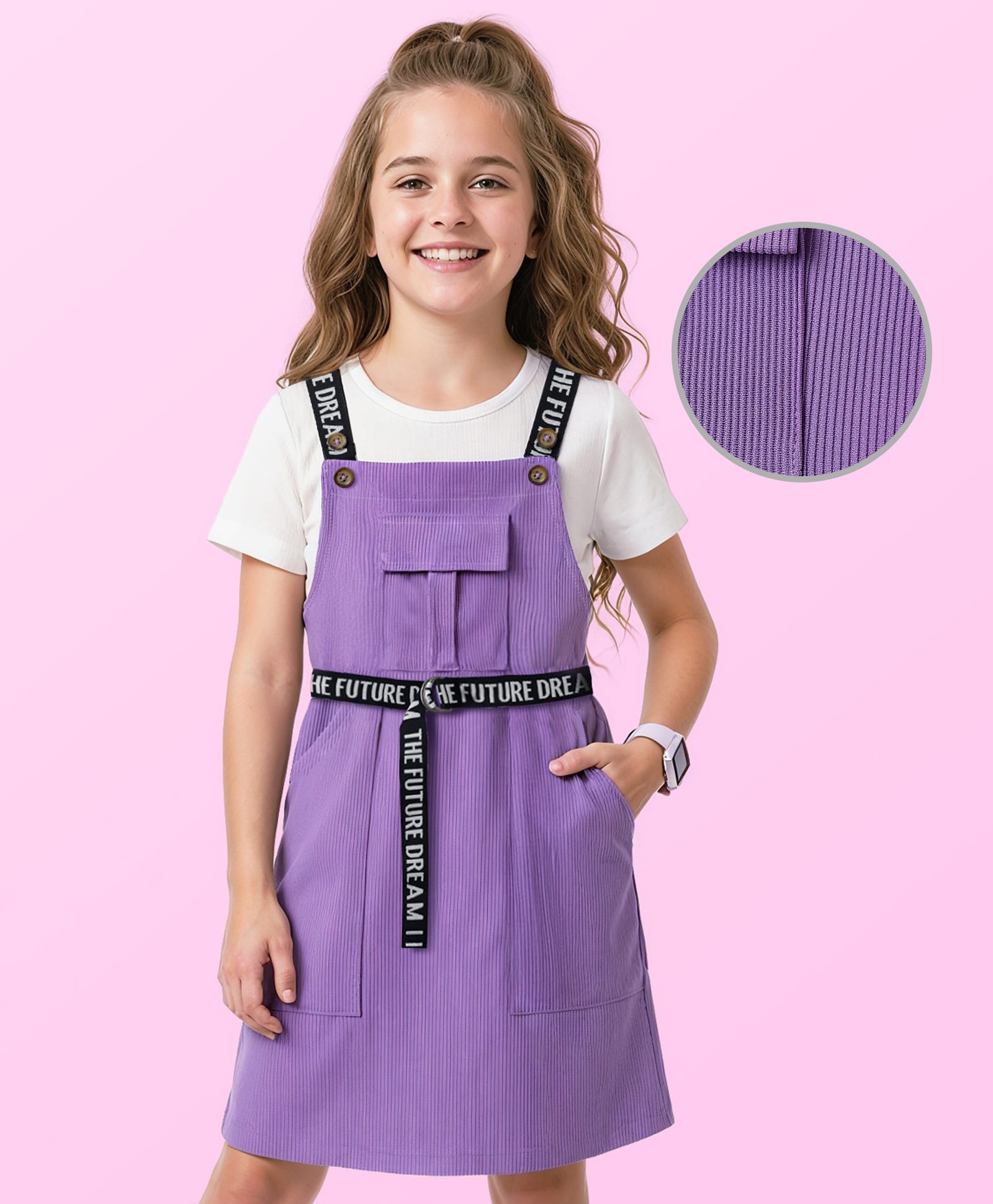 Hola Bonita Knit Half Sleeves Knee Length Dress With Inner Tee & Belt - Lavender-image-5