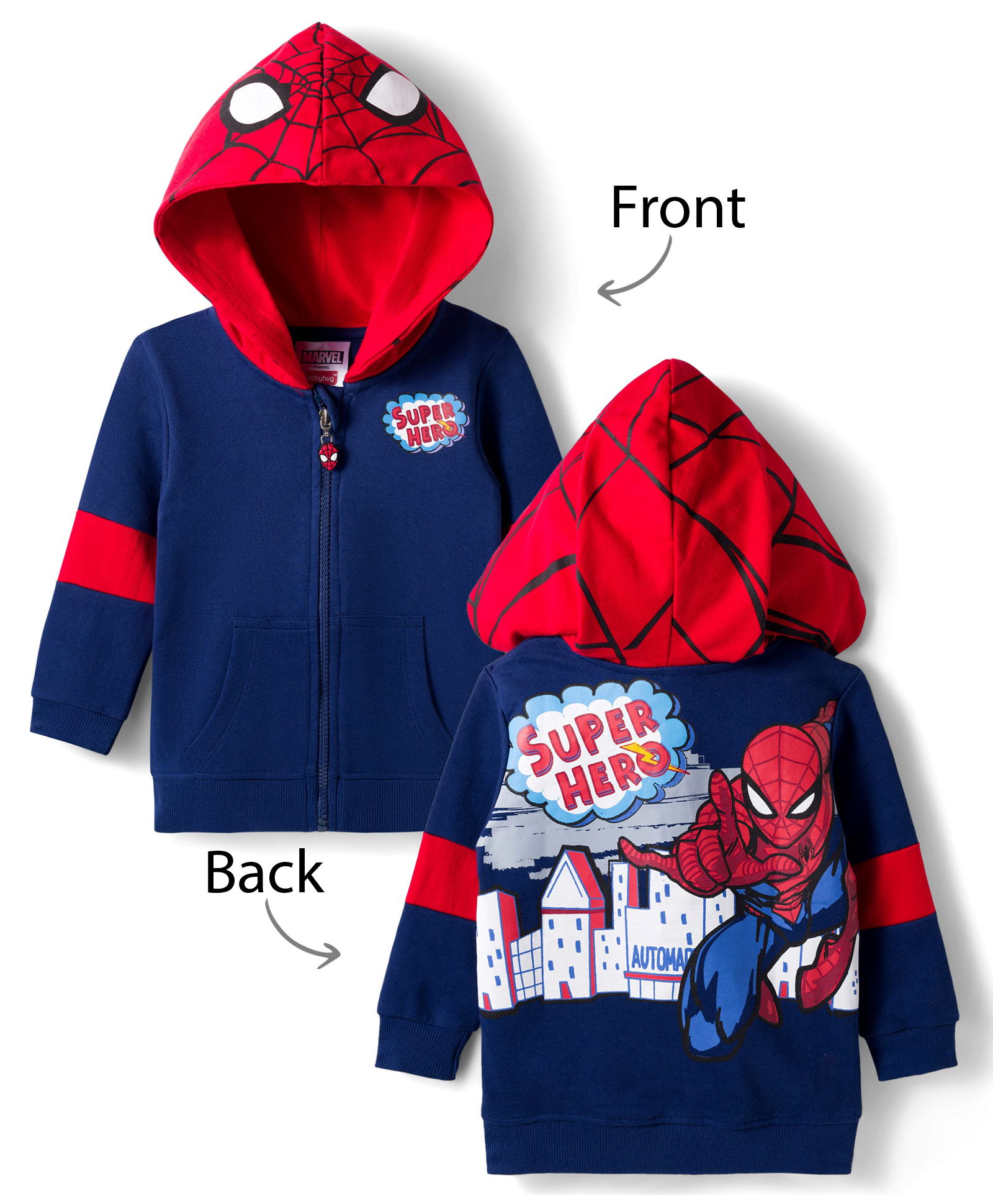 Babyhug Marvel Terry Knit Full Sleeves Front Open Hooded Sweatshirt with Cut & Sew Design Kangaroo Pocket & Front & Back Spider-Man Graphics - Navy Blue & Red-picture-13