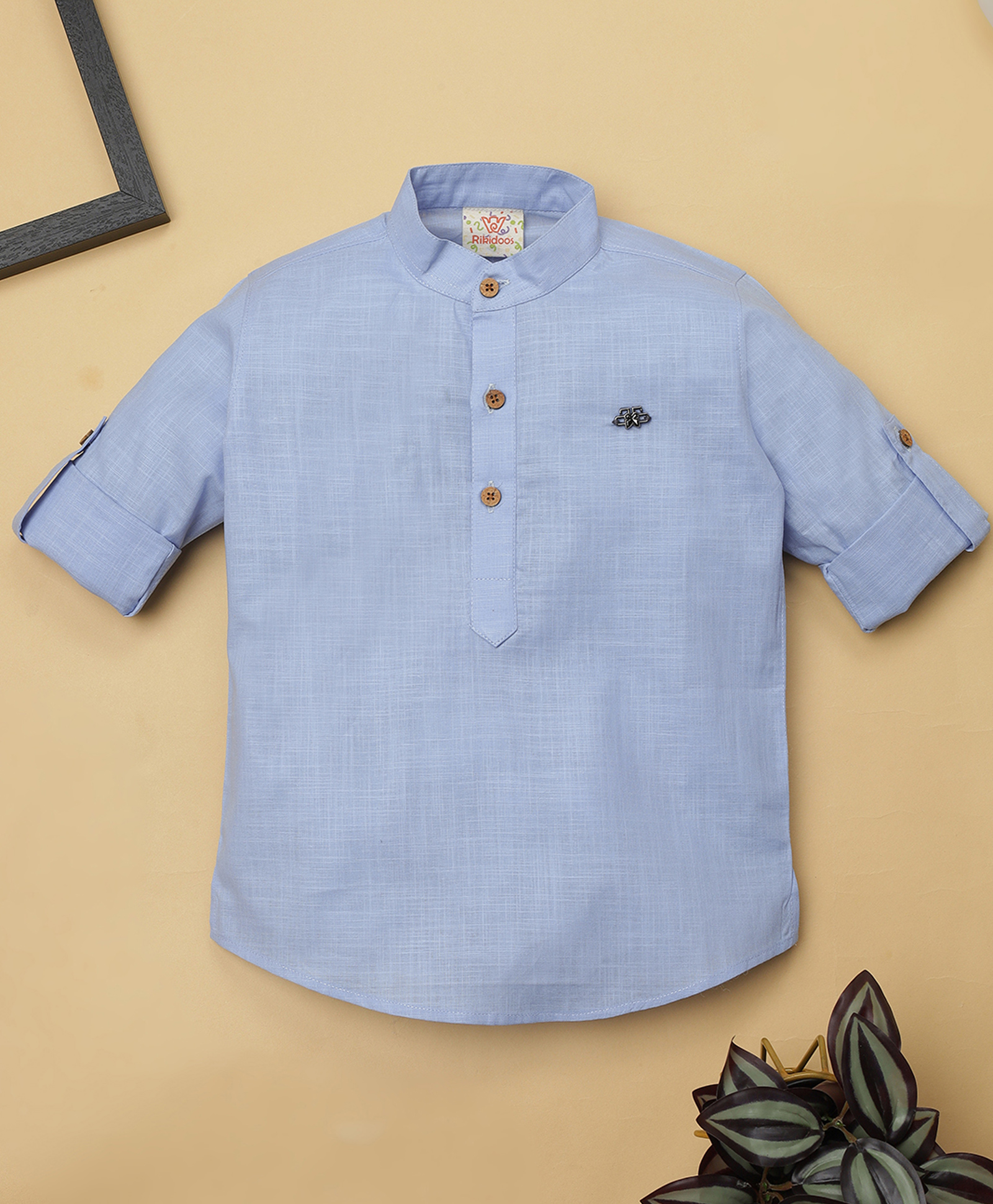 Rikidoos Full Sleeves Solid Kurta Style Shirt - Light Blue-image-45