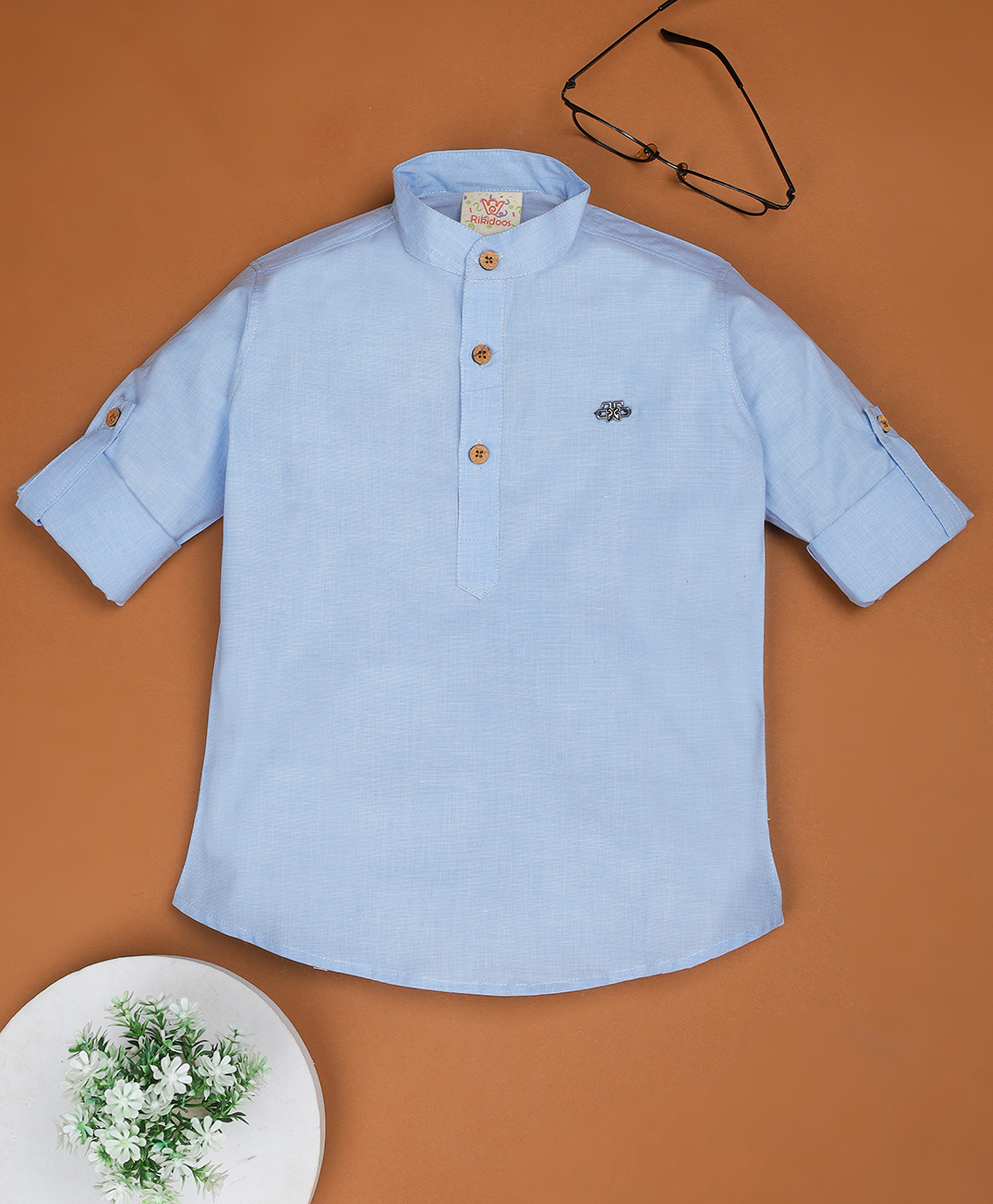 Rikidoos Full Sleeves Solid Kurta Style Shirt - Sky Blue-picture-29