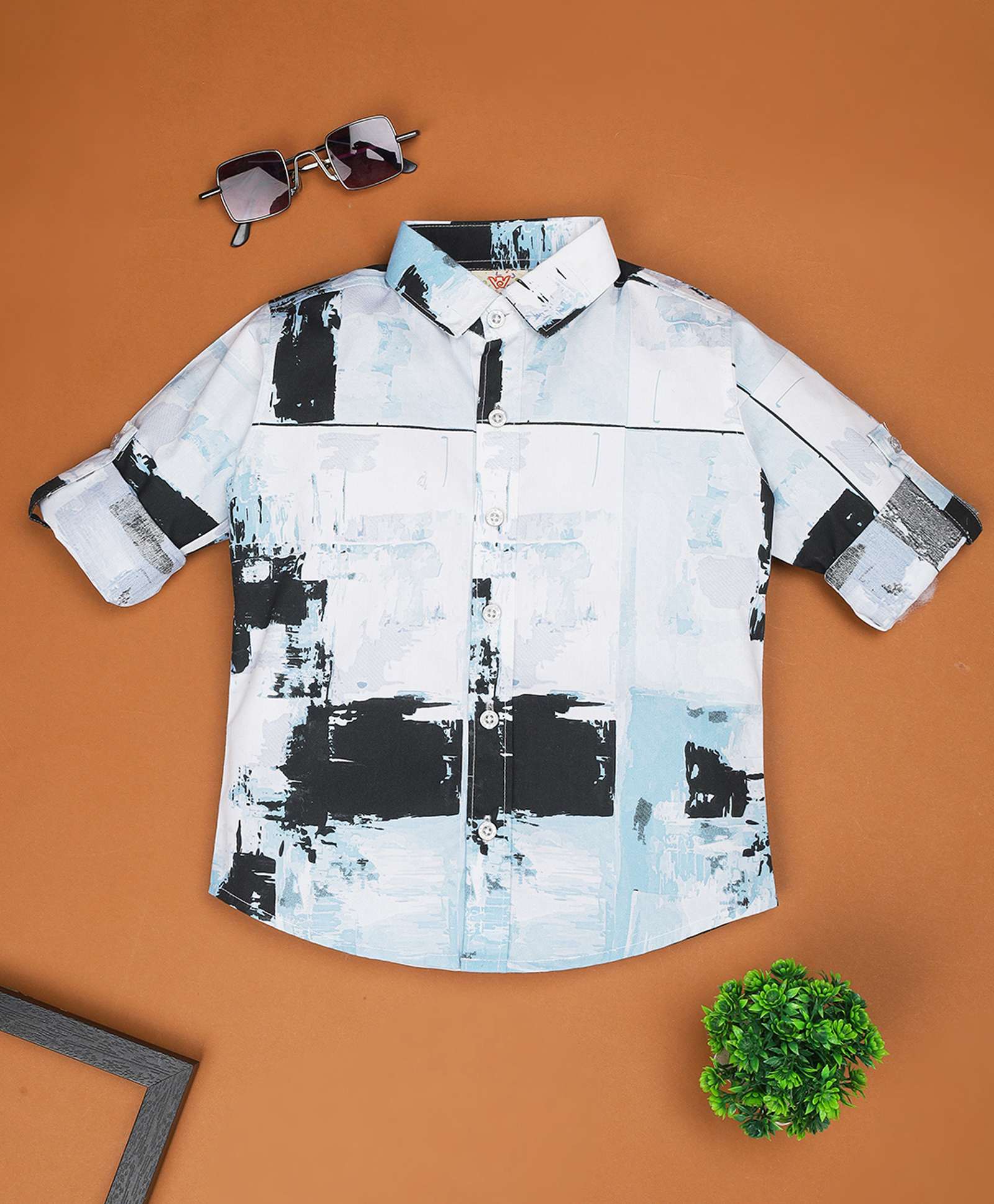 Rikidoos Full Sleeves Abstract Printed Shirt - White & Light Blue-picture-19