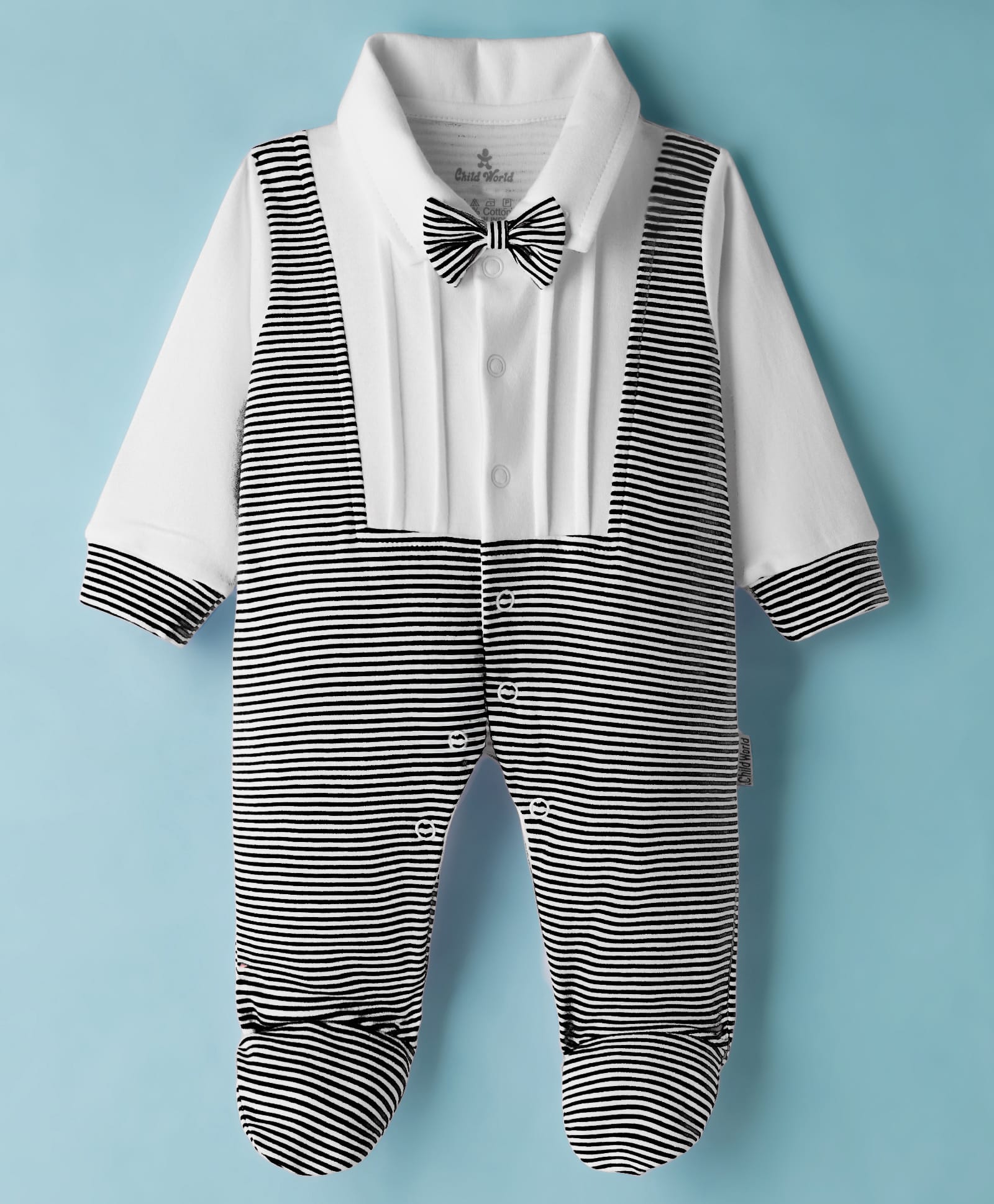 Child World Interlock Knit Full Sleeves Striped Footed Romper - Navy Blue & White-picture-25