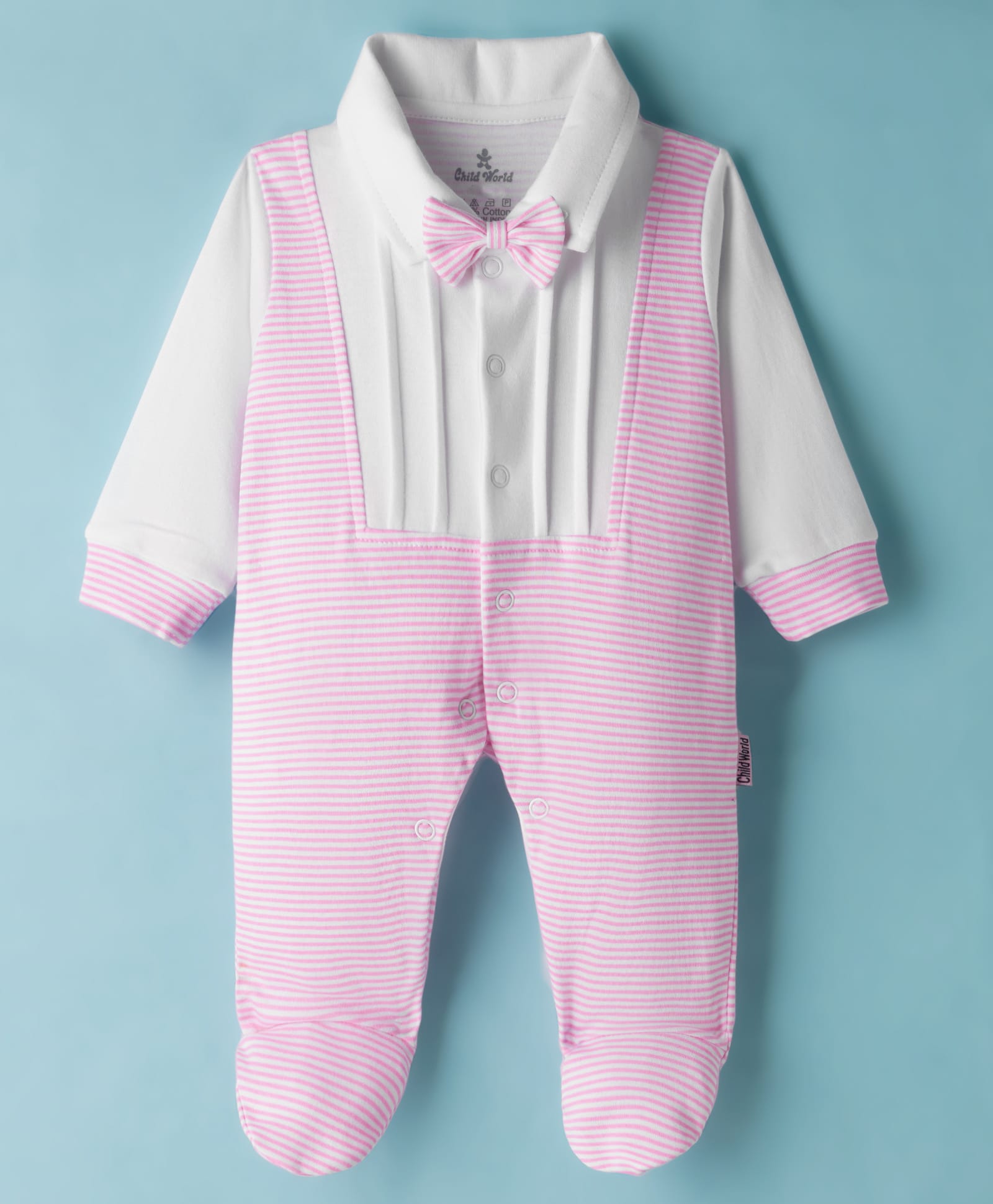 Child World Interlock Knit Full Sleeves Striped Footed Romper With Bow - Pink & White-picture-24
