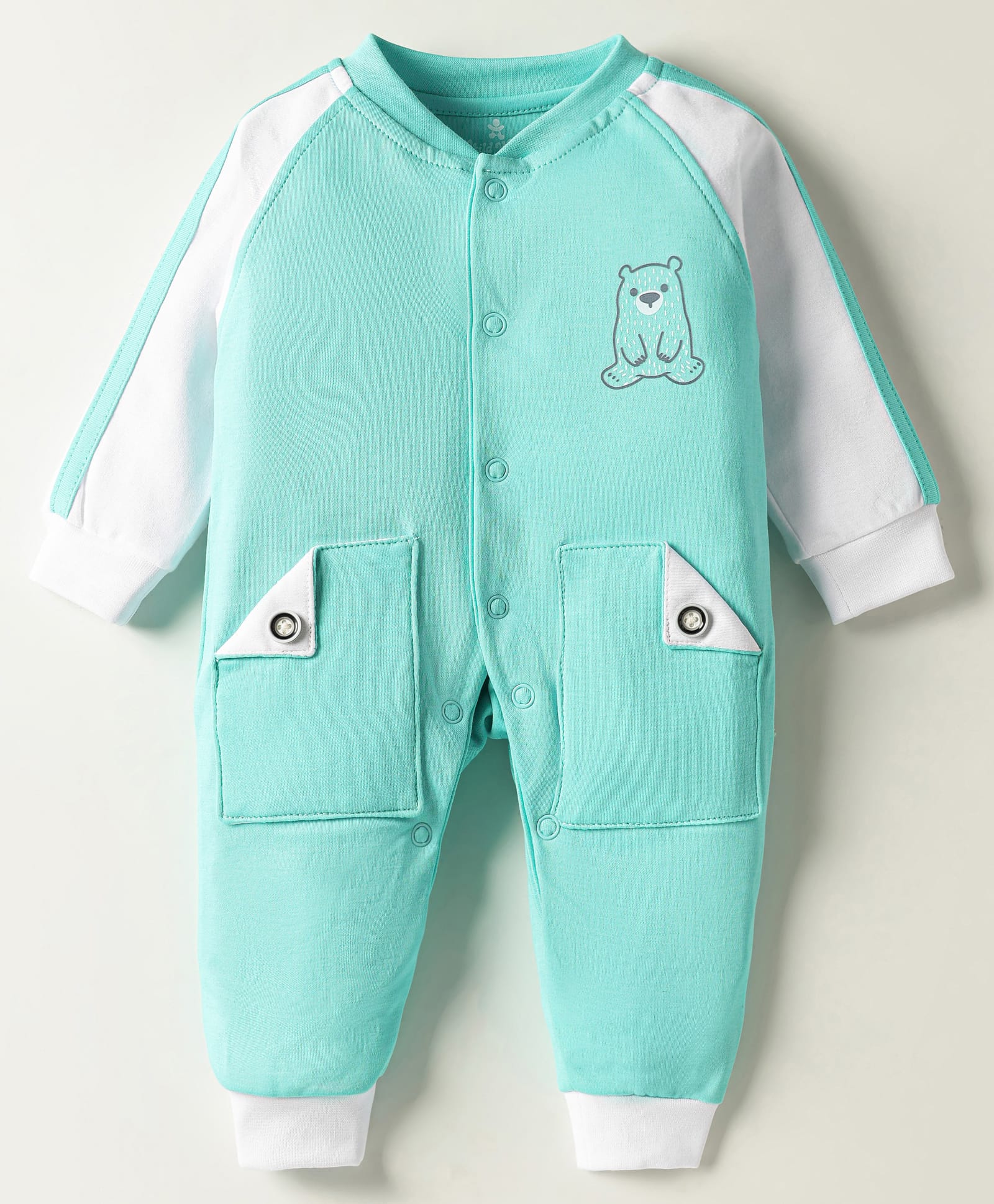 Child World Interlock Knit Full Sleeves Romper With Teddy Bear Print - Sea Green-picture-11
