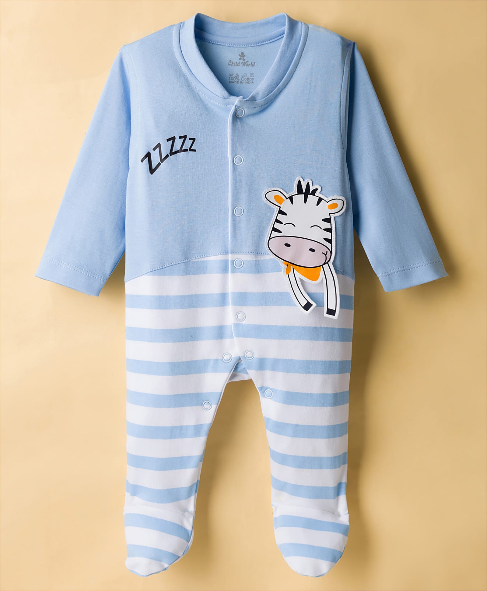 Child World Interlock Knit Full Sleeves Footed Sleep Suit with Giraffe Print - Light Blue-picture-13