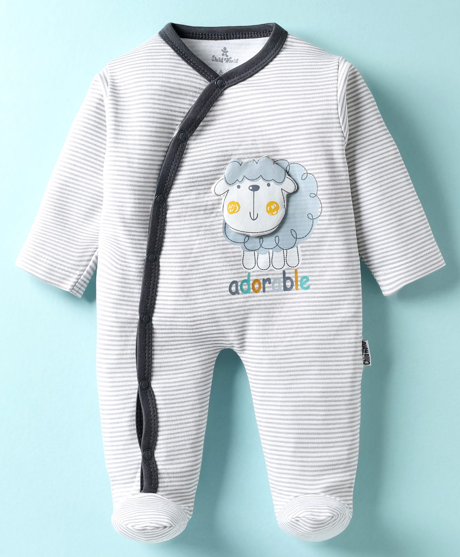 Child World Interlock Knit Sleepsuit With Stripes & Animal Applique - Grey-image-49