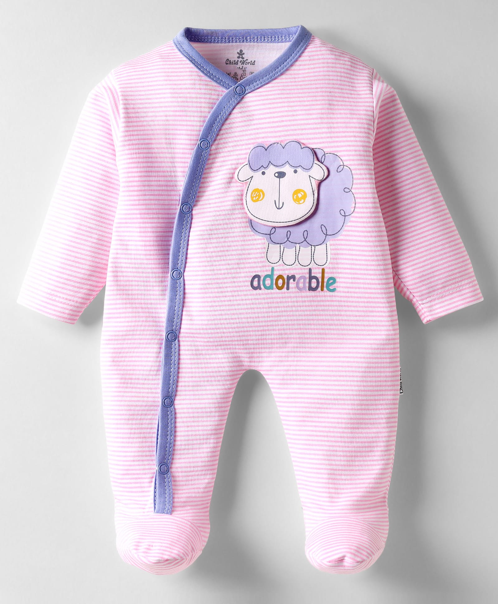 Child World Interlock Knit Full Sleep Footed Sleepsuit With Stripes & Animal Applique - Pink-picture-20