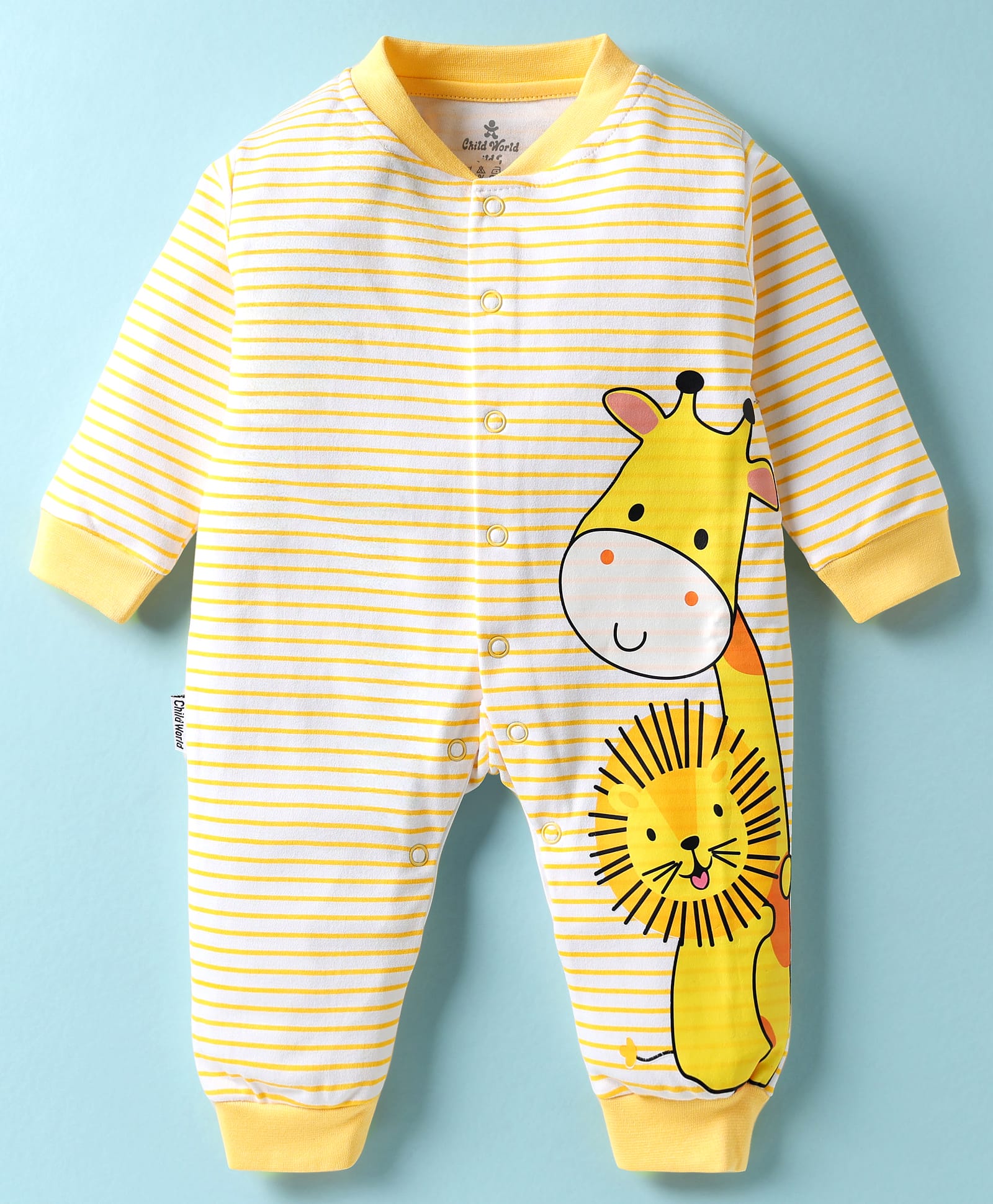 Child World Interlock Knit Full Sleeves Striped Romper With Animal Print - Gold-picture-14