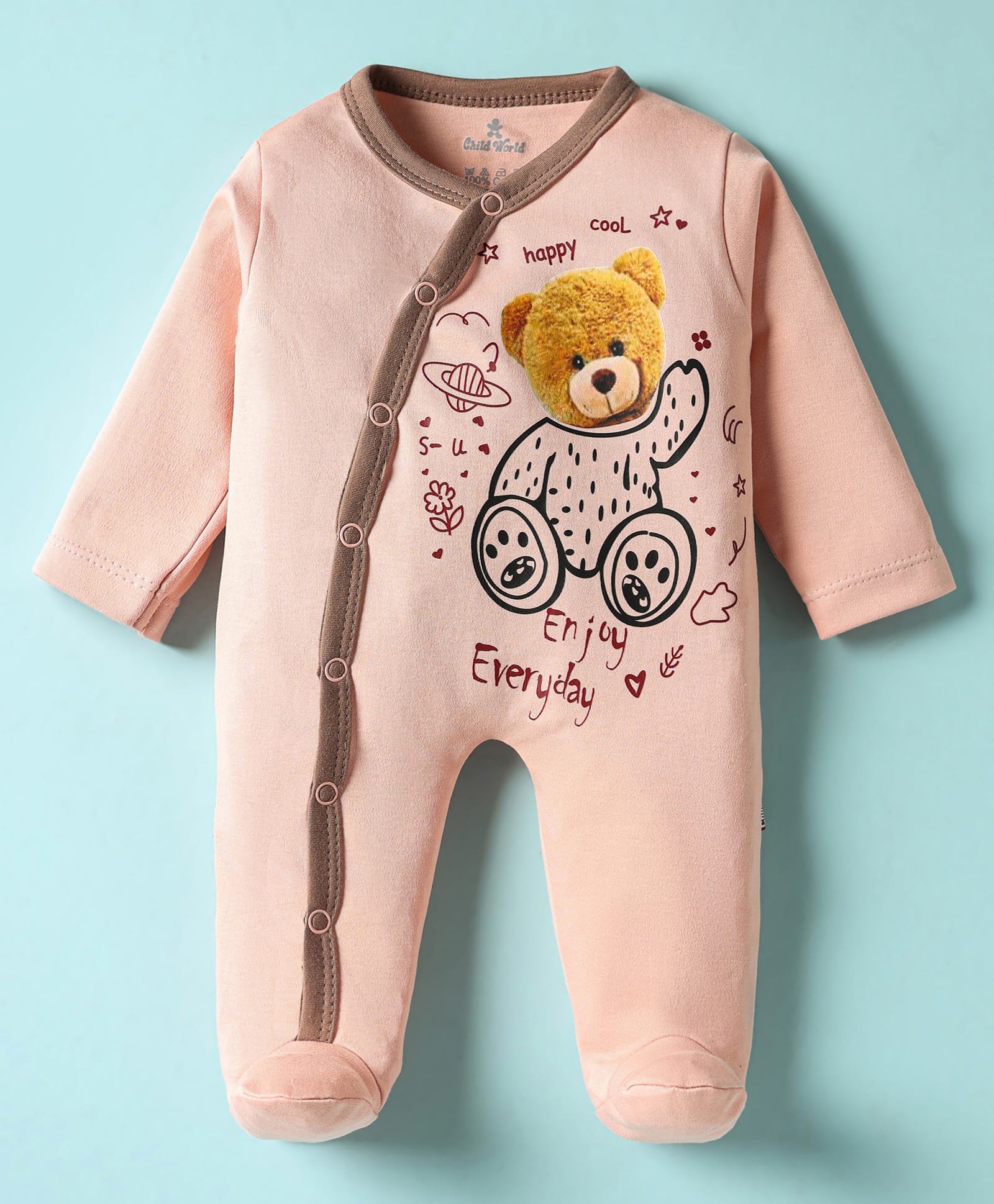 Child World Interlock Knit Full Sleeves Footed Sleep Suit with Bear Print - Peach-picture-30