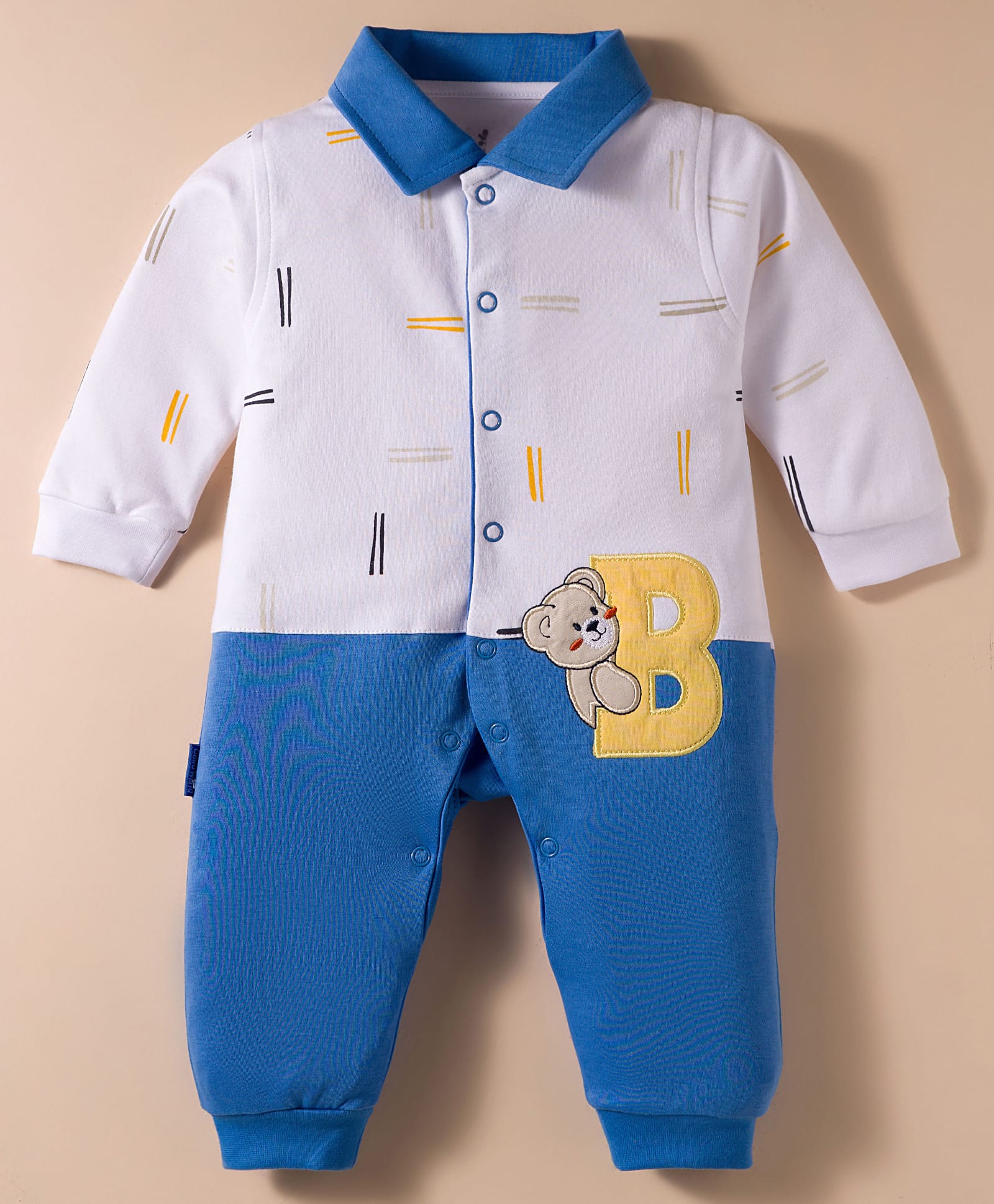 Child World Interlock Knit Full Sleeves Printed Romper With Teddy Bear Patch - Blue & White-picture-15