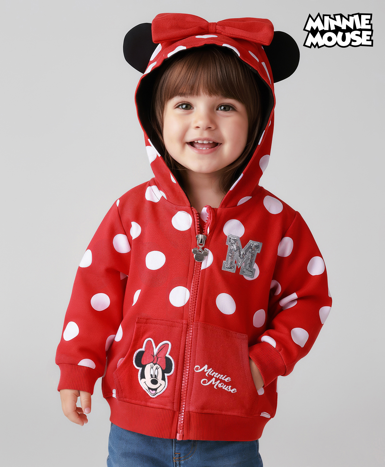 Babyhug Disney Terry Knit Full Sleeves Hooded Sweatjacket With Minnie Mouse Graphics & Bow Applique - Red-image-9