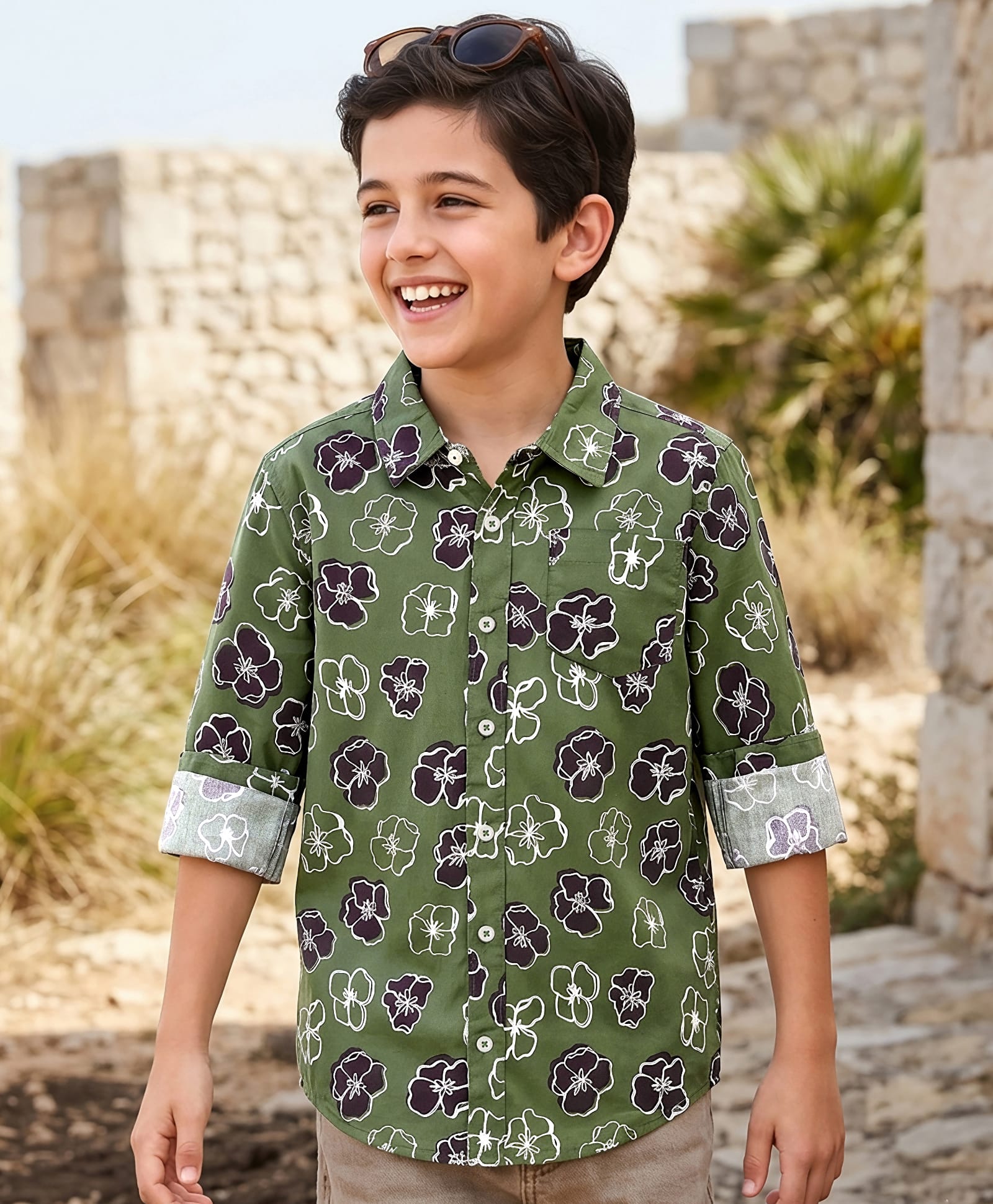 Pine Kids Cotton Woven Full Sleeves Shirt With Floral Print - Green-picture-5