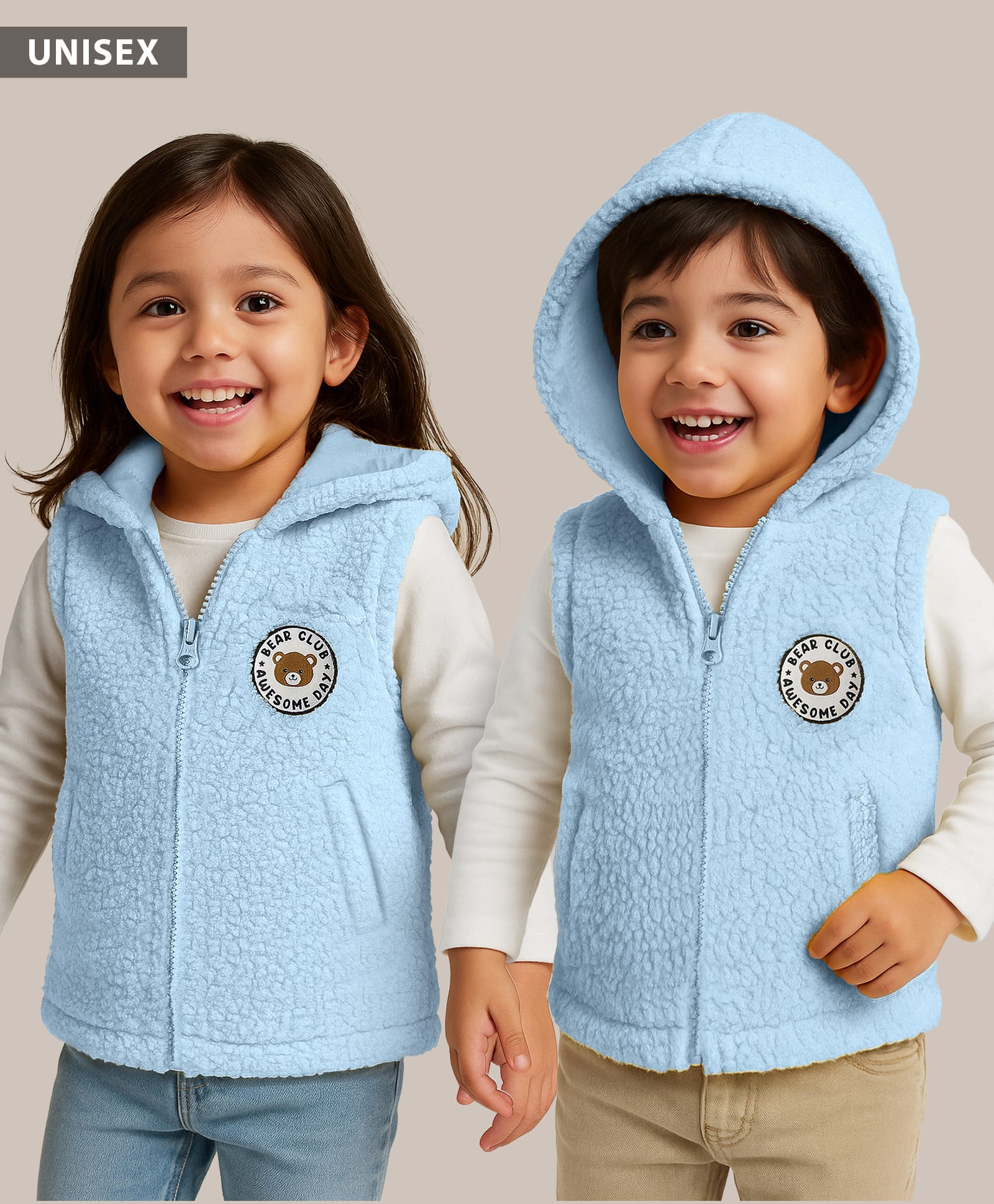 Babyhug Fur Knit Sleeveless Solid Coloured Hooded Sweatjacket With Patch - Light Blue-picture-19