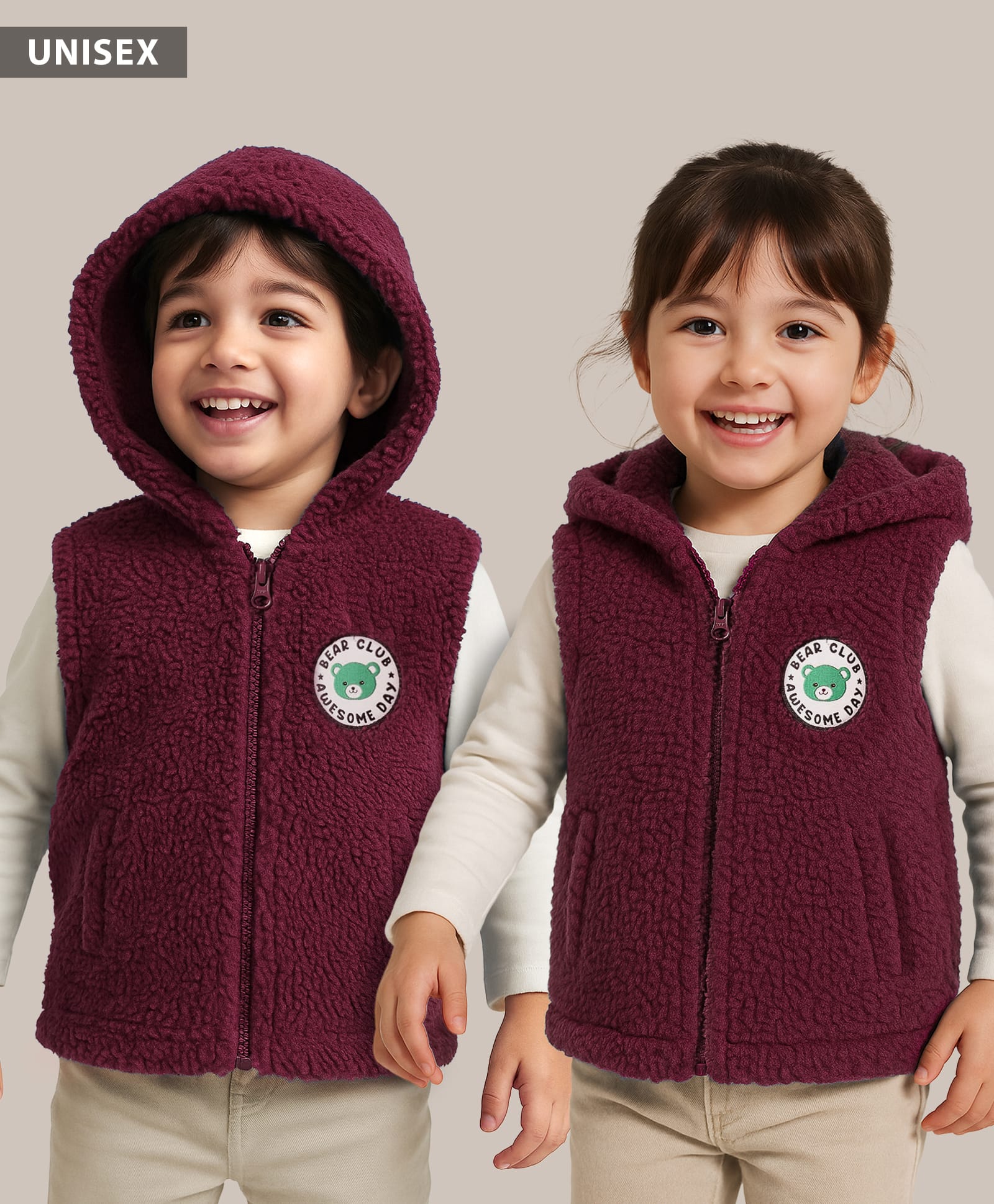Babyhug Knit Sleeveless Sherpa Fur Hoodie with Kangaroo Pocket - Maroon-image-2