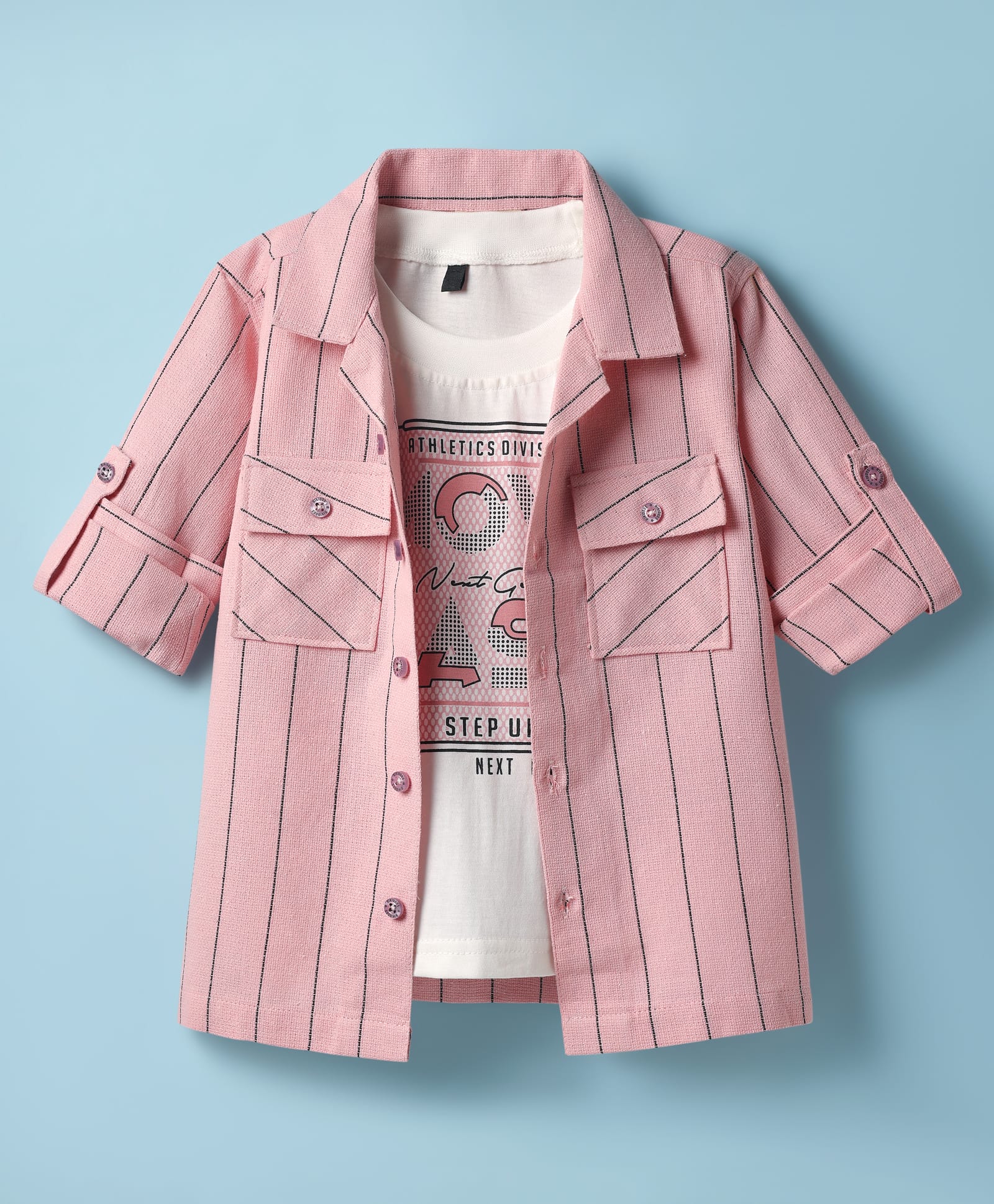 Rikidoos Full Sleeves Striped Shirt & Move Fast Text Printed Tee - Pink & White-picture-33
