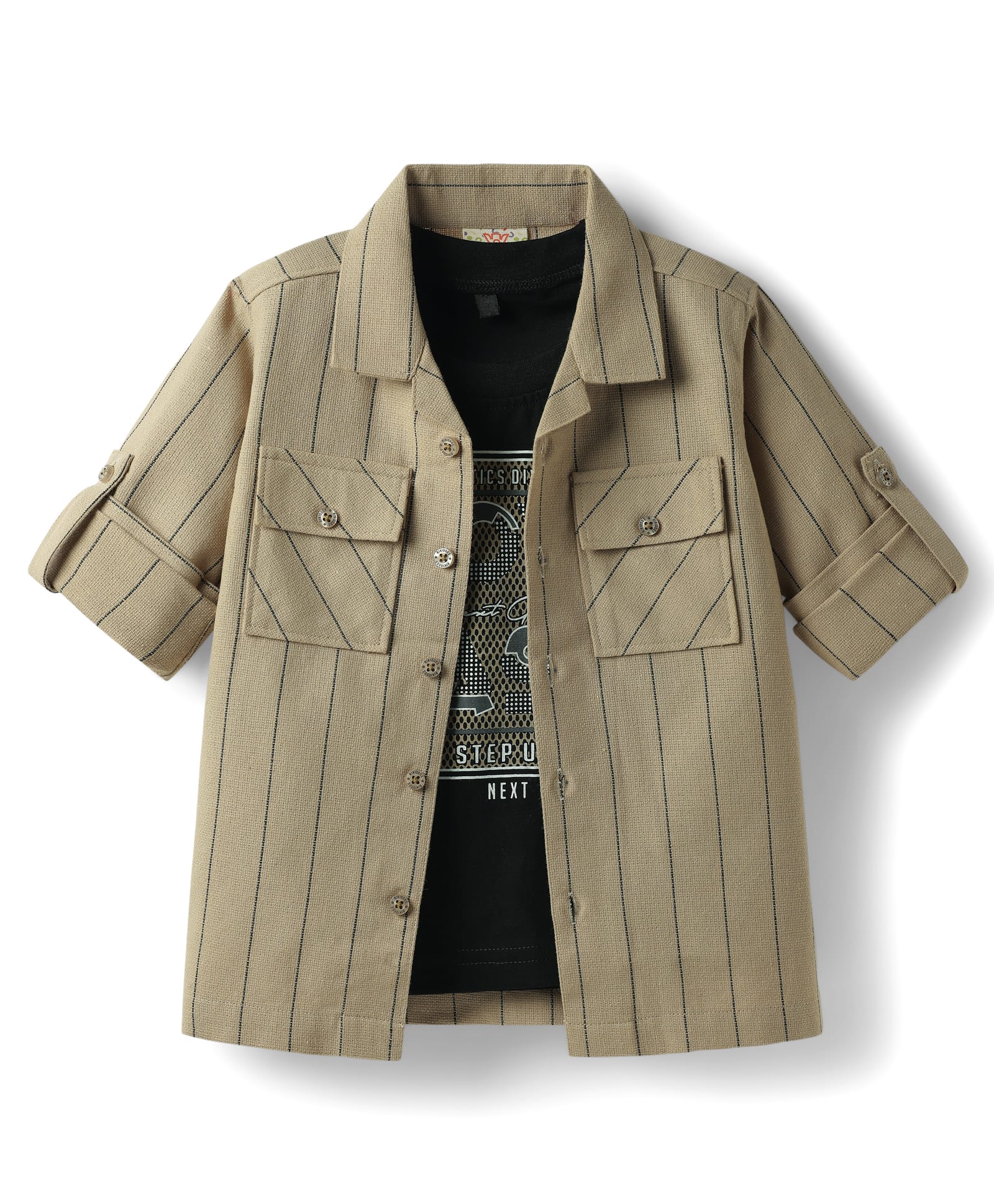 Rikidoos Full Sleeves Striped Shirt & Move Fast Text Printed Tee - Fawn & Black-picture-31