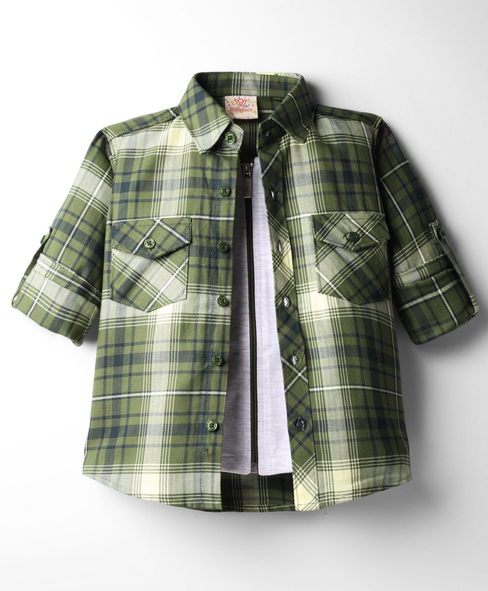 Rikidoos Cotton Woven Full Sleeves Checked Shirt With Attached Tee - Green-picture-32