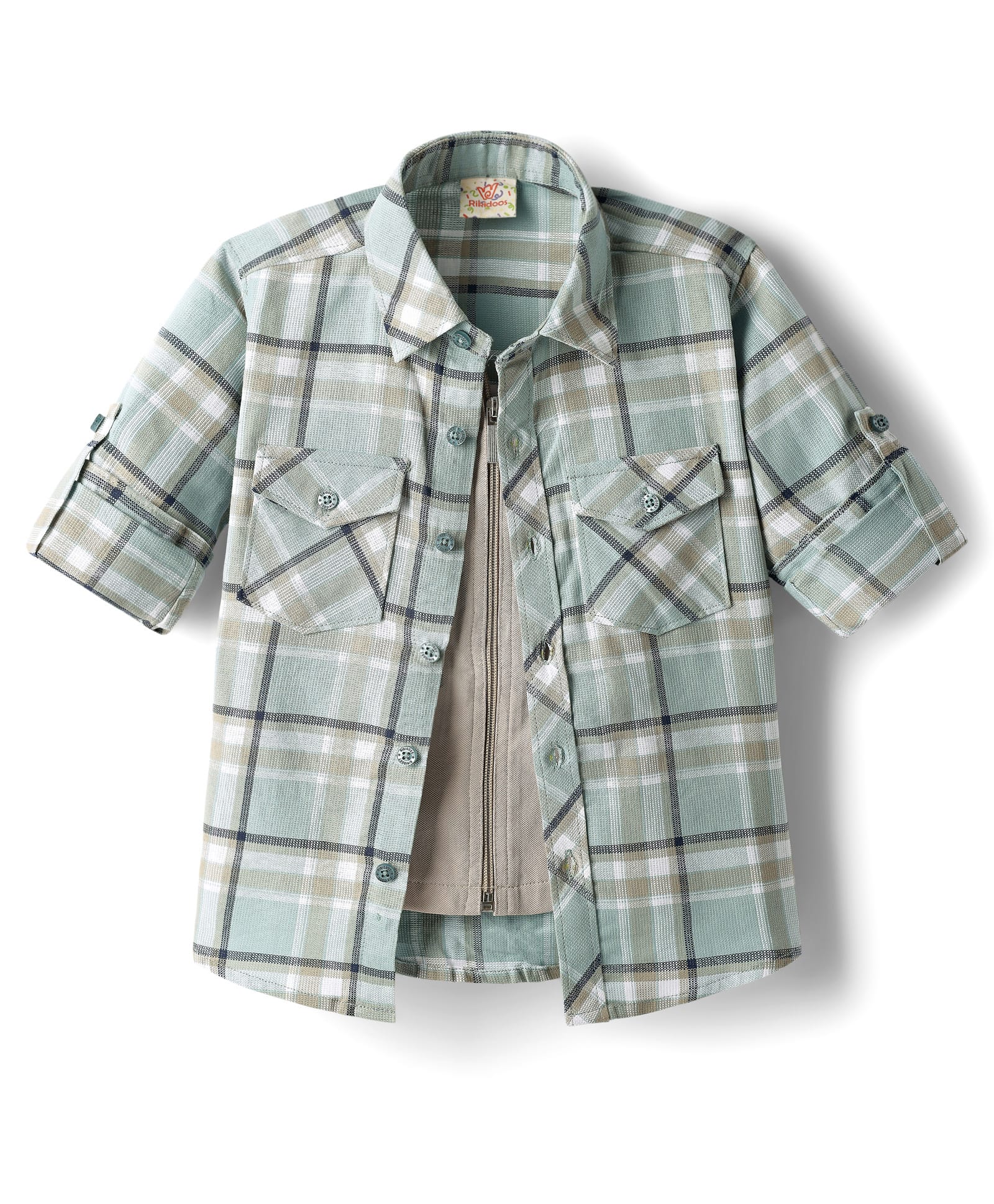 Rikidoos Full Sleeves Checked Shirt With Attach Tee - Mint Green & Beige-image-40