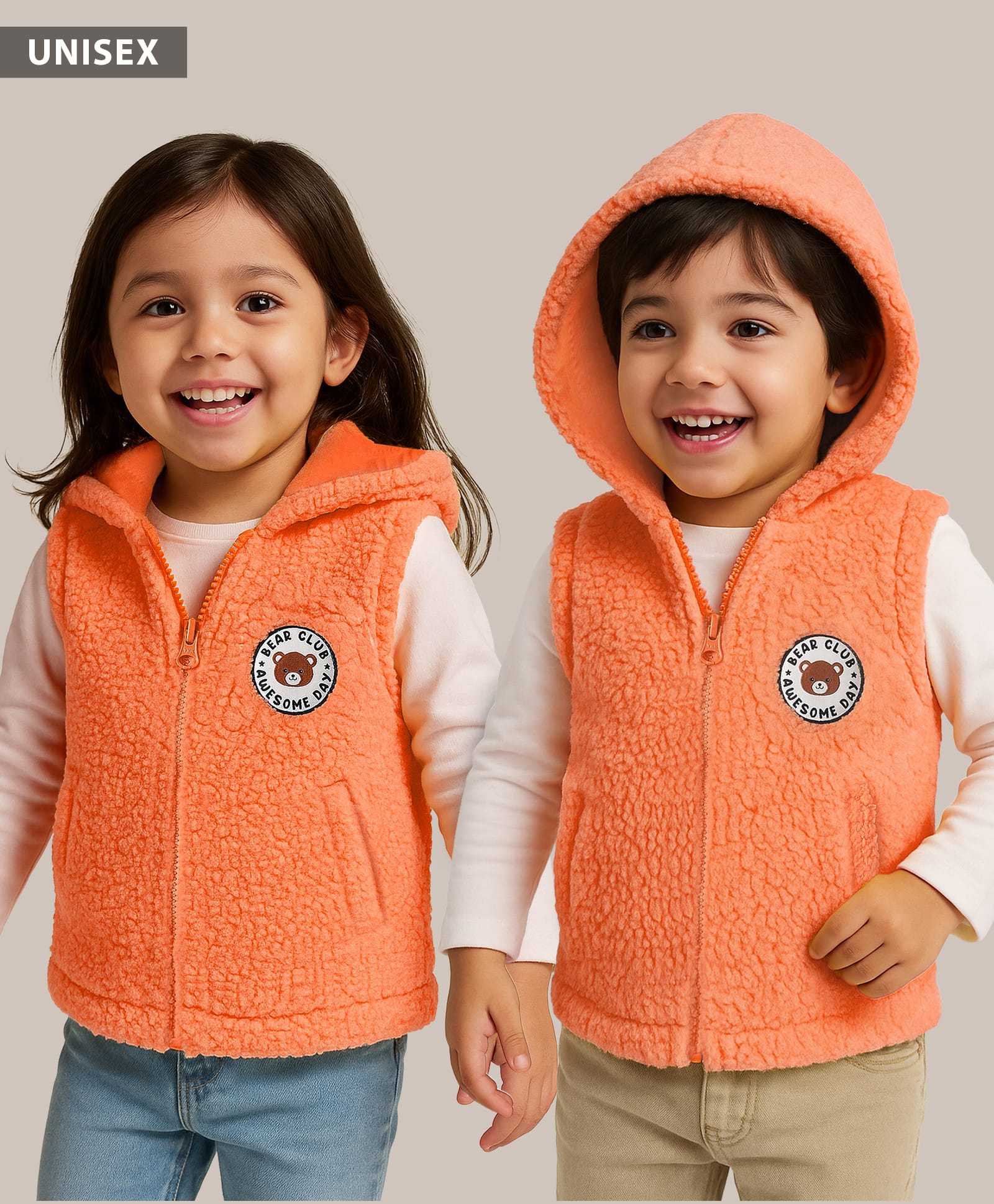 Babyhug Fur Knit Sleeveless Solid Coloured Hooded Sweatjacket With Patch - Orange-image-20