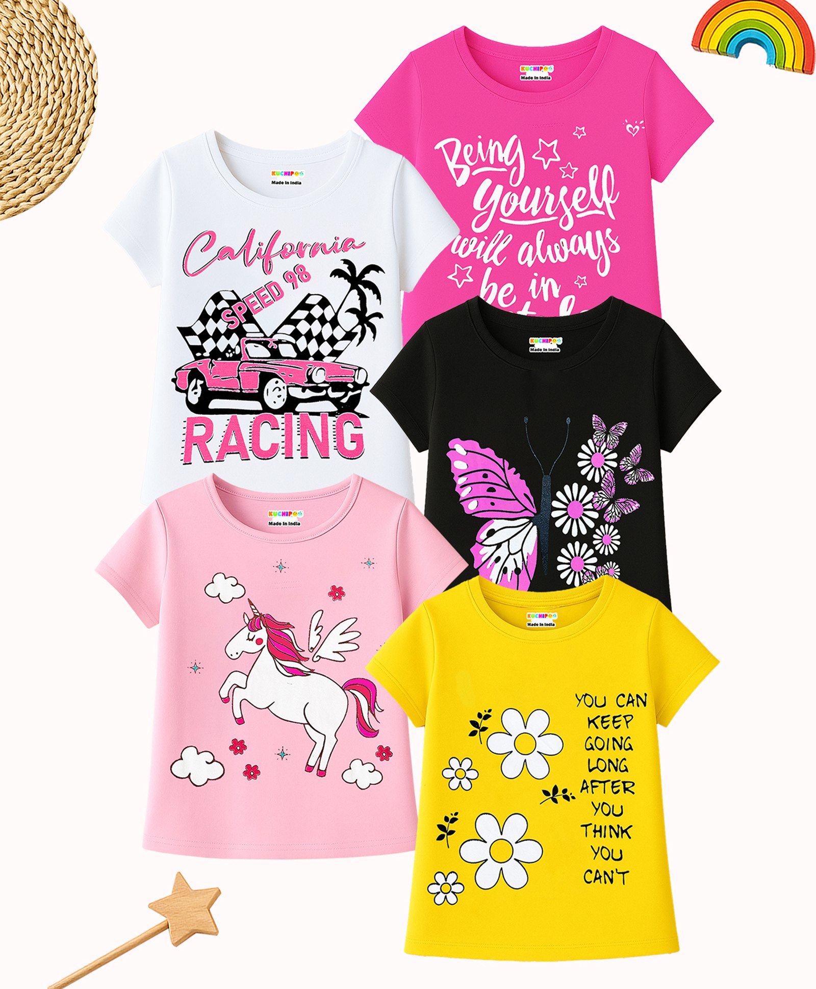 KUCHIPOO Cotton Knit Pack Of 5 Half Sleeves Unicorn & Typography Printed Tees - Black Yellow White & Pink-picture-24