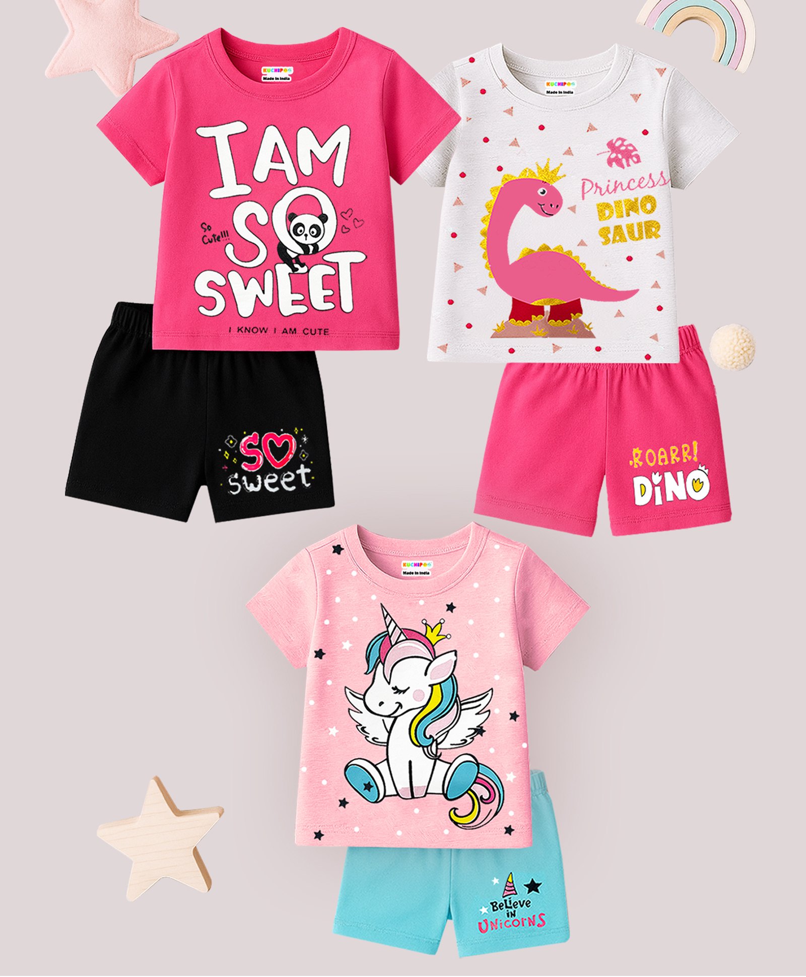 KUCHIPOO Cotton Knit Pack Of 3 Half Sleeves Unicorn & Typography Printed Tees & Shorts Set - Pink Black White Blue-image-28