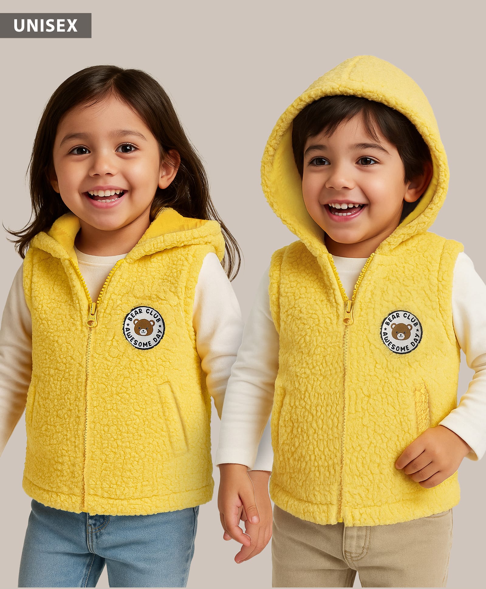 Babyhug Fur Knit Sleeveless Hoodie With Bear Patch - Yellow-picture-25