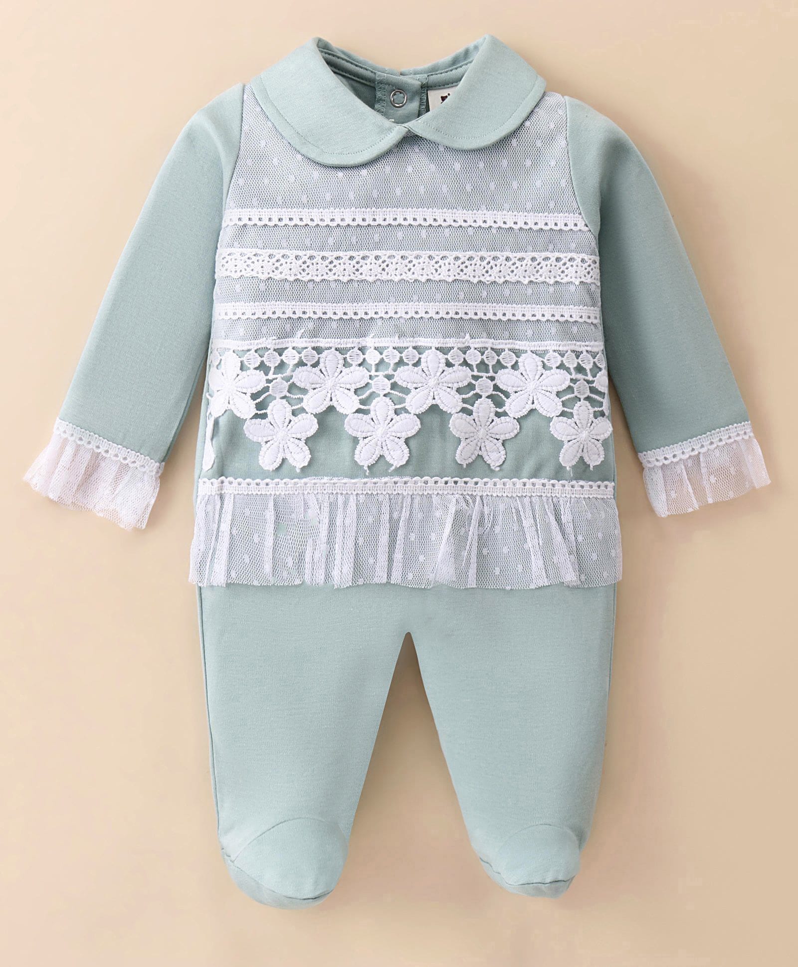 ToffyHouse Interlock Knit Full Sleeves Footed Sleep Suit with Lace Detailing - Sea Green-picture-19
